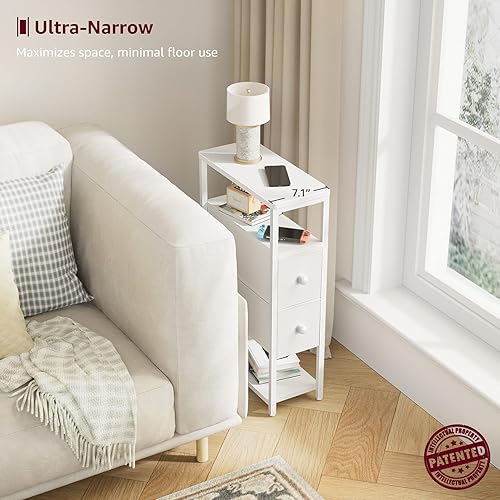 Miniatura 4 de Juego de 2 mesitas de noche estrechas, mesa auxiliar delgada para espacio pequeño, mesitas de noche delgadas con 2 cajones, color blanco