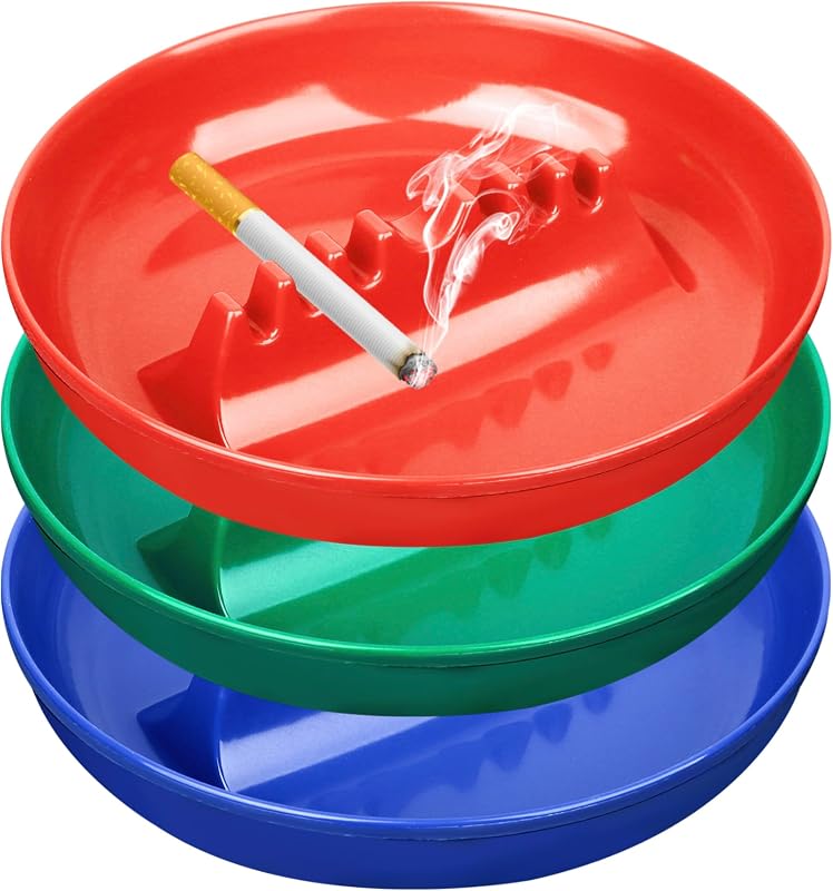 Juego de ceniceros de 3 piezas de colores surtidos, cenicero para cigarrillos y cigarros, ceniceros redondos de plástico de gran tamaño, para interiores, exteriores, hogar, oficina, patio, restaurante, bar, uso hotelero (1 verde, 1 rojo, 1 azul)