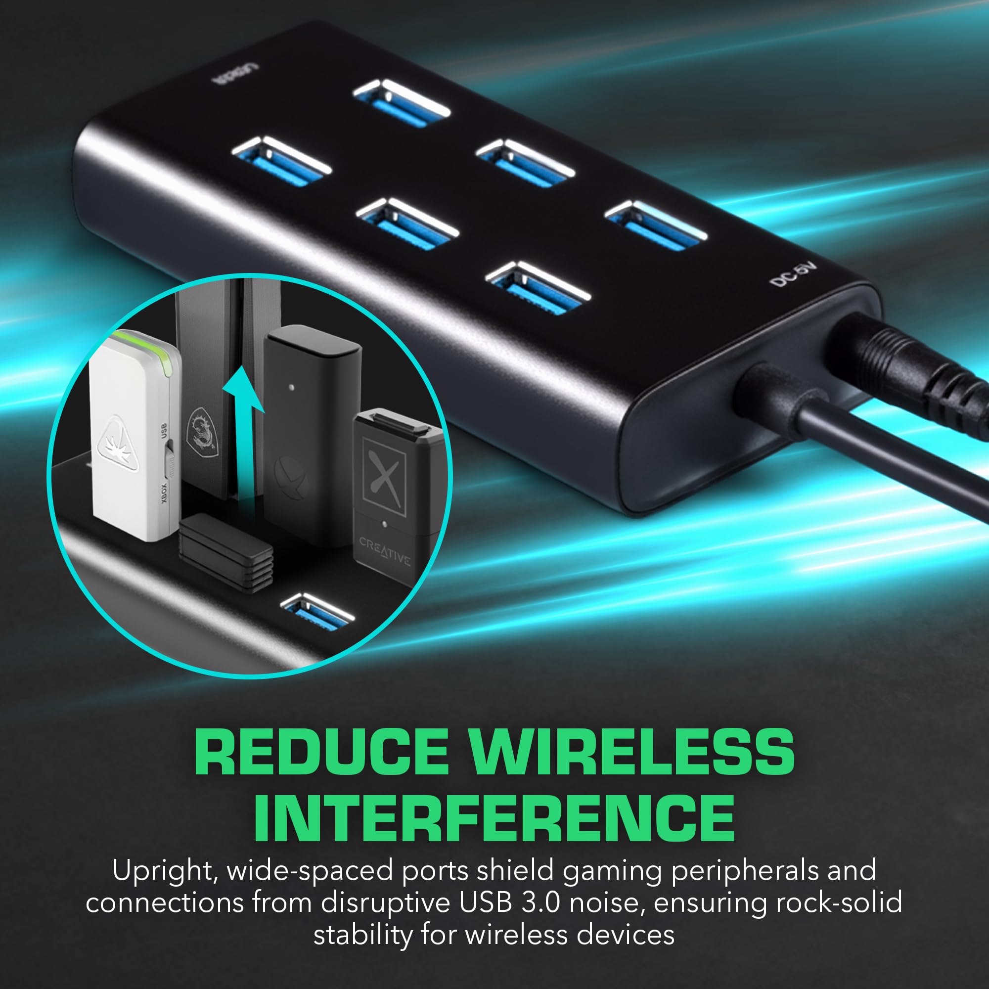 Rebuff Reality 7 Port USB Hub, Dongle USB 3.0 Hub für drahtlose Störungsreduzierung für Gaming, stabile Verbindung & verzögerungsfrei für Maus, Tastatur, Headset, kompatibel mit PC, Mac, Xbox