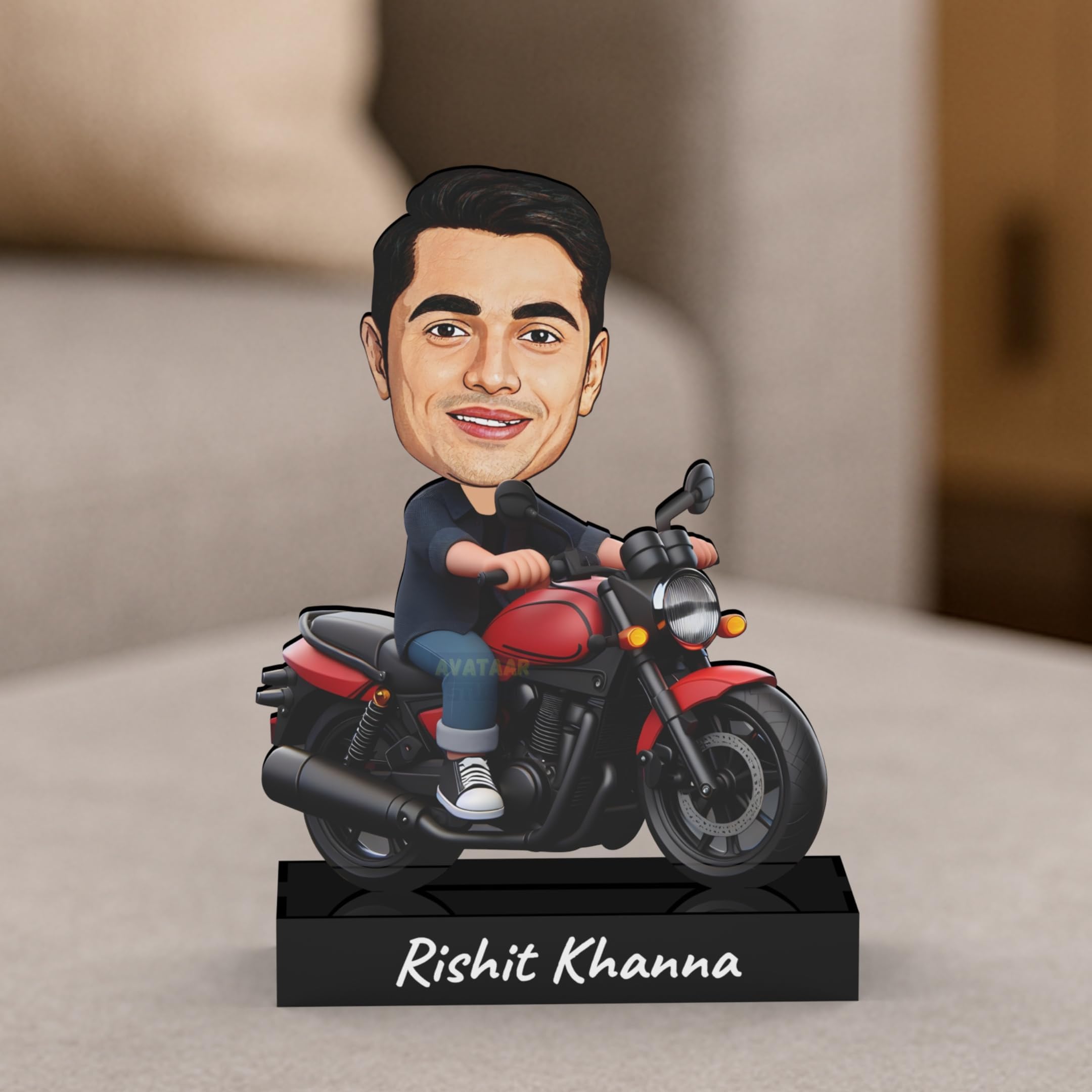 Engineered Wood, Acrylic Avataar Studio Personalized Gift Tabletop Father Character Caricature Rectangular Photo Frame Unique Design Motorcycle Rider - 1 (STAND 7 INCHES)