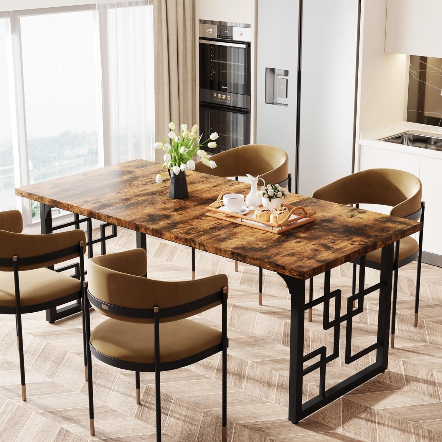Tribesigns Esstisch für 6 Personen, Tisch Wohnzimmer, 160 x 80 x 75 cm, Rechteckig, Küchentisch, Esstisch für Esszimmer und Küche, Wohnzimmer, Industriell-Design, Rustikales Braun Küche, Haushalt & Wohnen