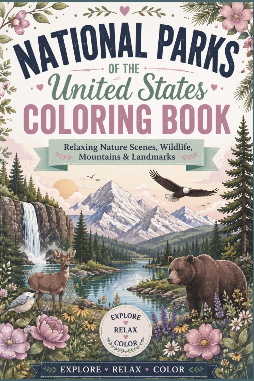 National Parks of the United States Coloring Book: Relaxing Nature Scenes, Wildlife, Mountains & Landmarks
