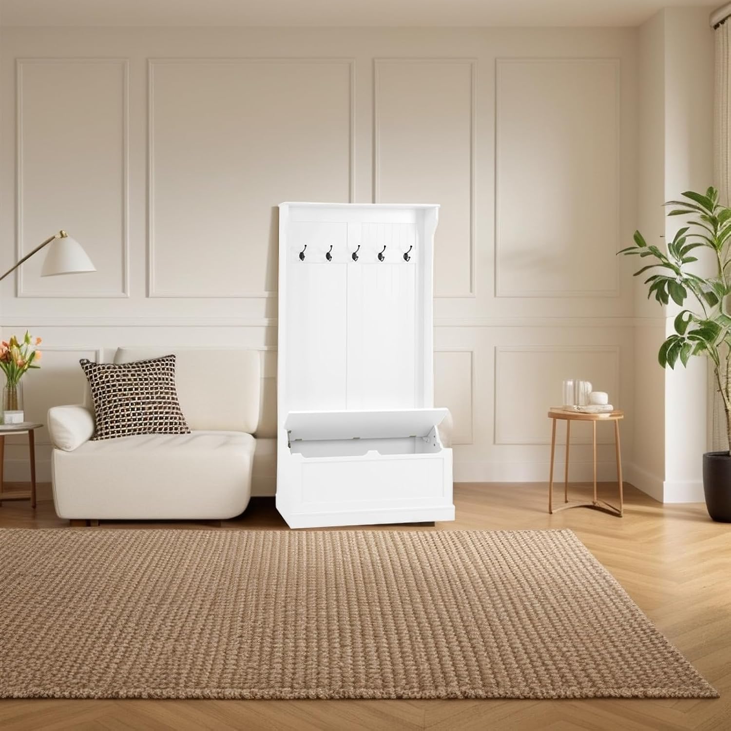 Ball & Cast 71" Hall Tree with Bench and Shoe Storage,Coat Rack W/ 5 Hooks & Buffer Hinge,Freestanding Entryway Organizer for Hallway Living Room,White