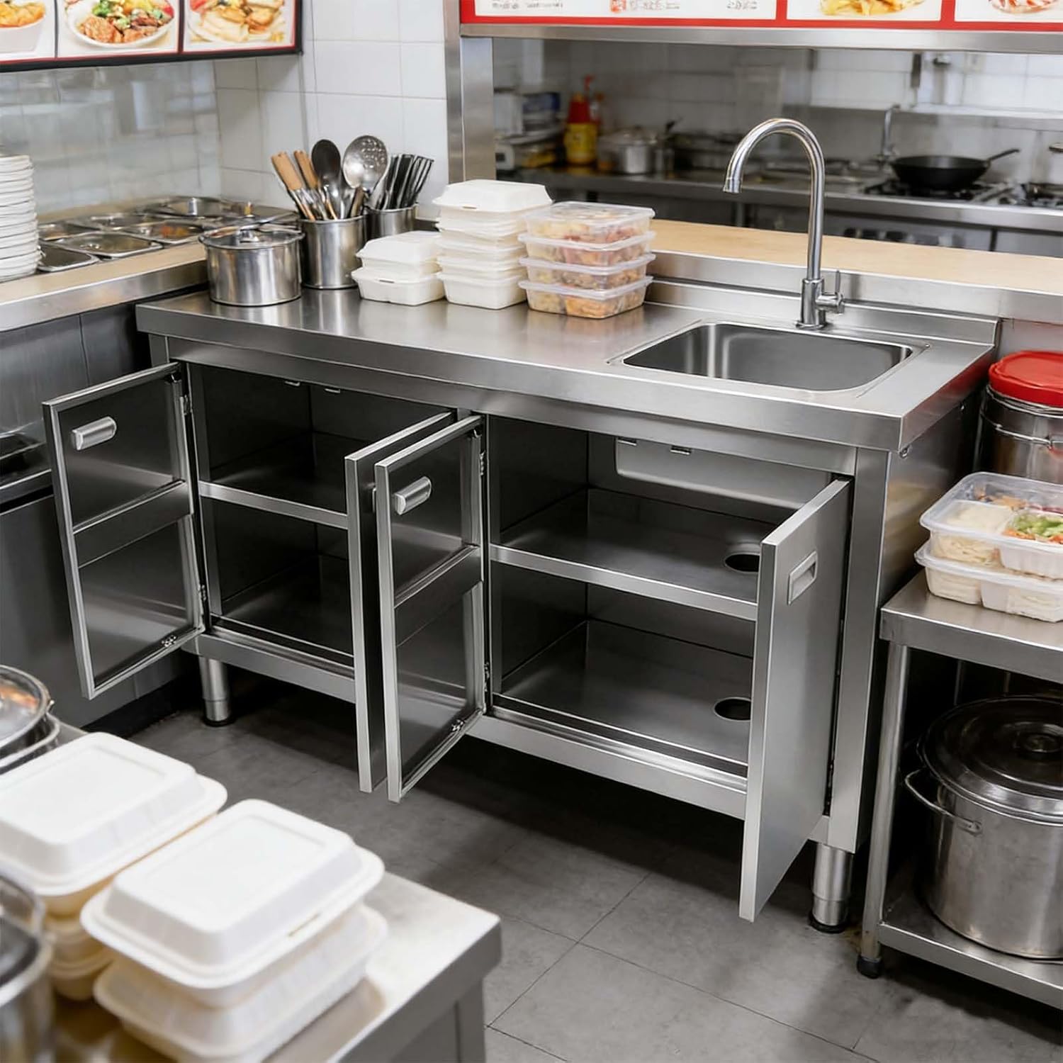 Freestanding Stainless Steel Sink with Cabinet – 63" x 21" x 35" Commercial Utility Sink with Prep Table, 4-Door Double Layer Storage, Heavy Duty Workstation for Outdoor Kitchen, Garage, Laundry Room