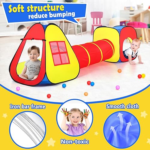 Miniatura 4 de Tienda de campaña para niños con bolas+túnel de gateo + tienda de campaña de castillo, casa de juegos desplegable para niños y niñas, regalo