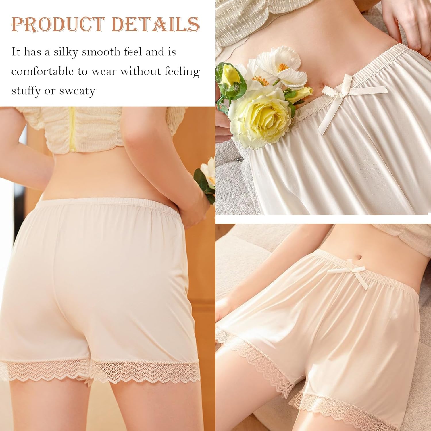 3 Pack Women's Half Slip Shorts for Under Dresses Bow Lace Satin Shorts Pettipants Half Slip Culotte Shorts Split Skirt - Image 3