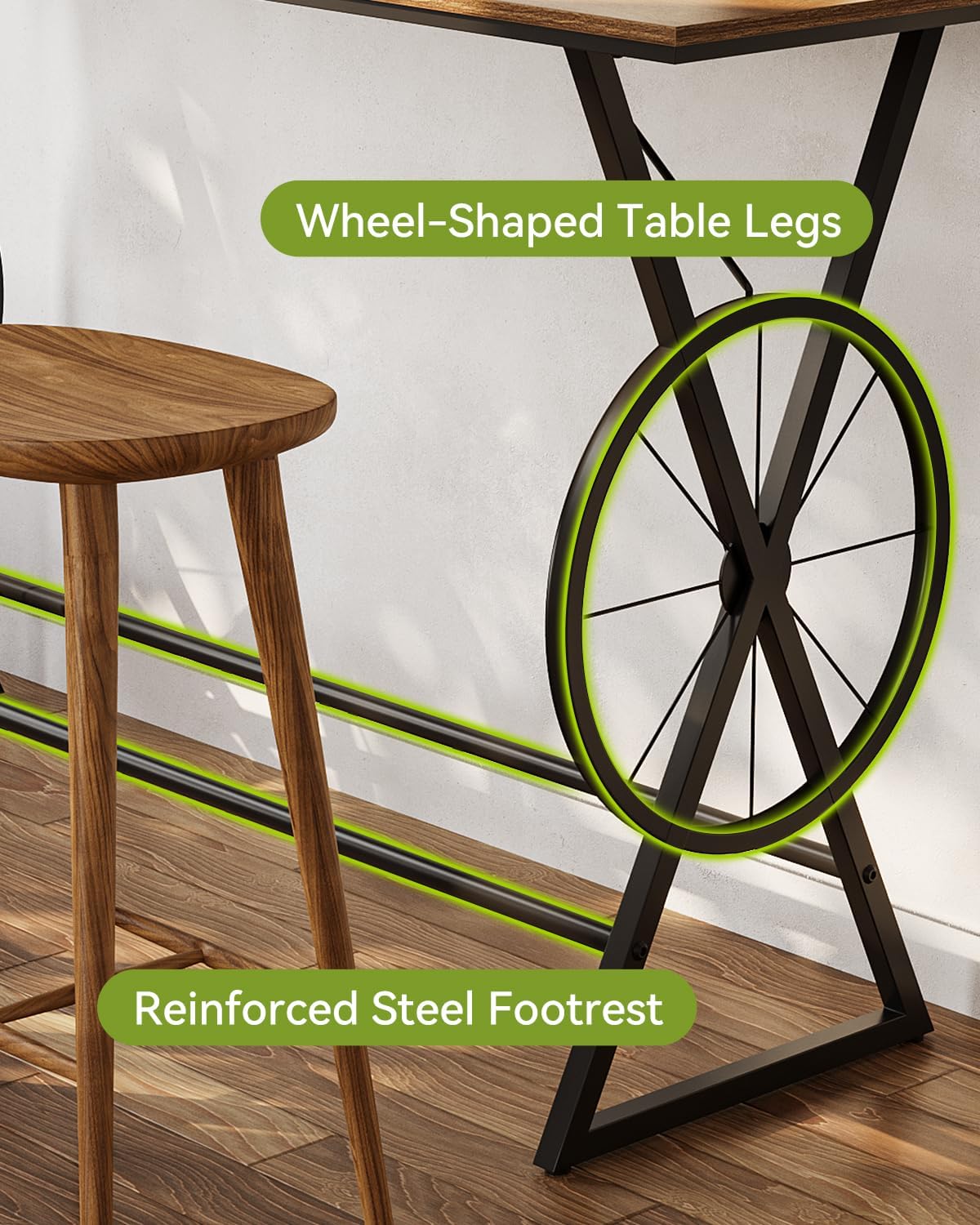 LITTLE TREE 63" Bar Table, Long Counter Height Table, Modern Kitchen Bar Height Table with Footrest & Wheel-Shaped Legs for Home Kitchen, Dining Room, Bistro, Bar, Coffee, Brown and Black (No Stool)