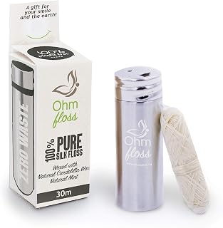 Ohm Earth’s Ohm Floss – Natural Biodegradable Silk Dental Floss with Refillable Stainless Steel Holder, Natural Candelilla Wax 100% Compostable, 55 yds/50m Spool – Eco-Friendly Oral Care, Natural Mint