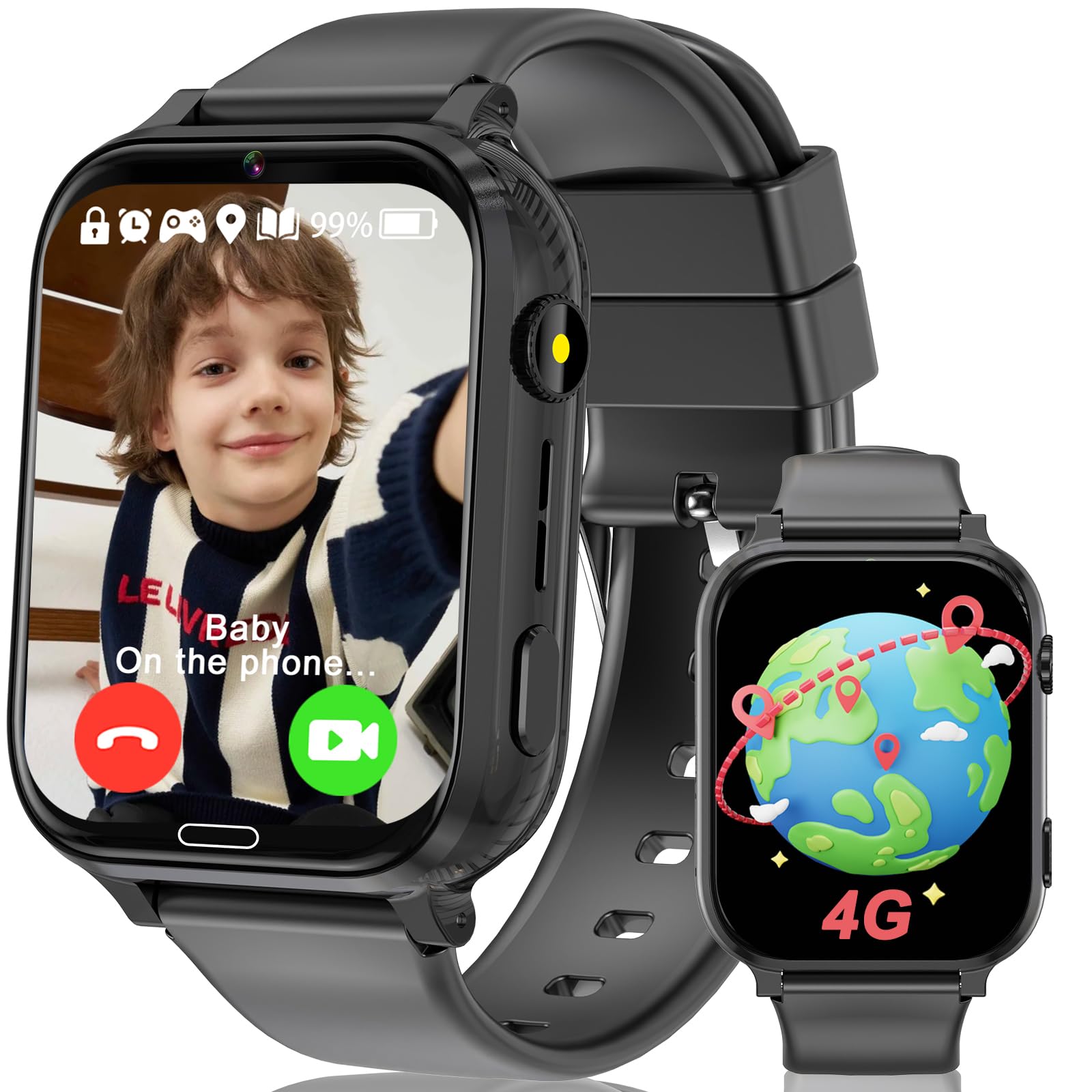 MOONKIDS 4G Orologio Smartwatch Bambini, Smartwatch con Sim, Fotocamera Torcia Sveglia Audiolibri, Orologio Intelligente per Ragazza e Ragazzo (Nero 1)
