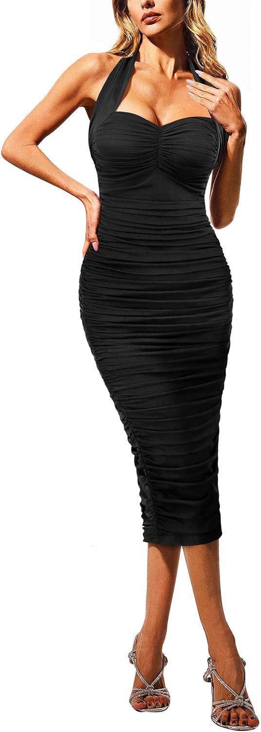 VFSHOW Womens 2025 Halter Off Shoulder Cocktail Ruched Bodycon Midi Dress Sexy Backless Slim Fitted Wedding Guest Dresses