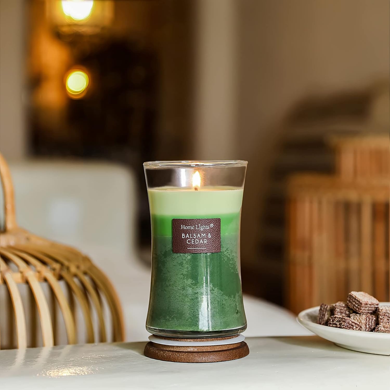 HomeLights 3-Layer Highly Scented Candles - Balsam & Cedar, Hourglass Large Jar Candles for Home - Burns Up to 100 Hours, Natural Soy Wax, Wooden Lid, 21.52 OZ : Home & Kitchen