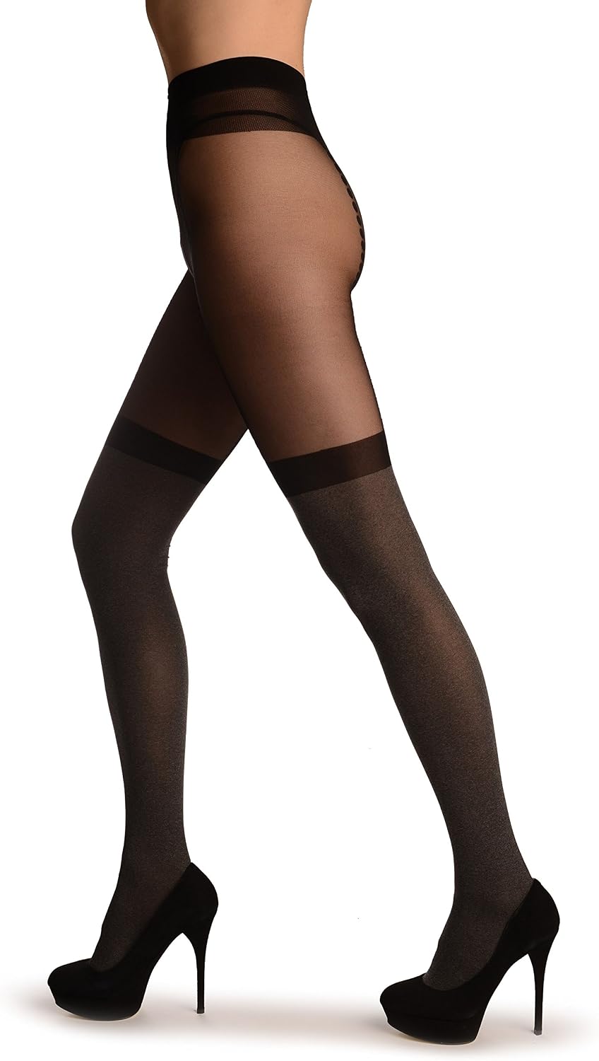 LissKiss Grey With Black Garter And Faux Dotted Suspenders - Grey Pantyhose (Tights)