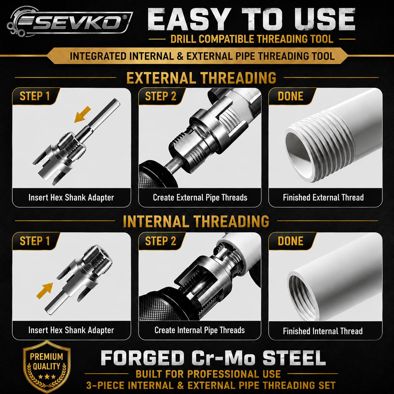 SEVKO PVC Threader Kit - 3 Sizes, Drill Compatible -5