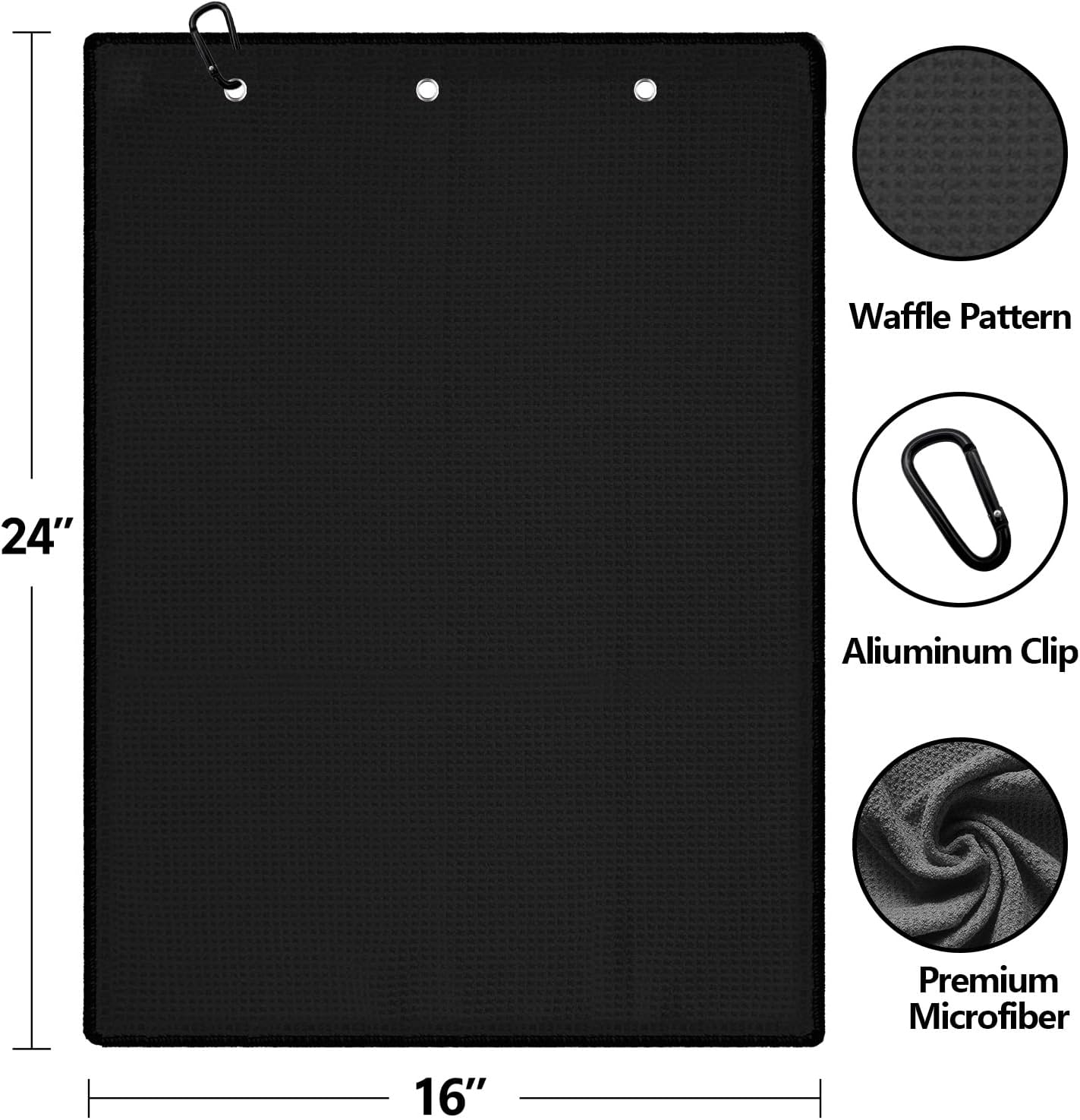3 Pack Golf Towels - 16"x24" Tri-Fold Waffle Microfiber Golf Towel for Golf Bag/Golf Cart, Heavy-Duty Carabiner & Ultra Absorbent Fabric to Wipe Sand, Mud & Sweat (Black/Grey/Red) - Image 2