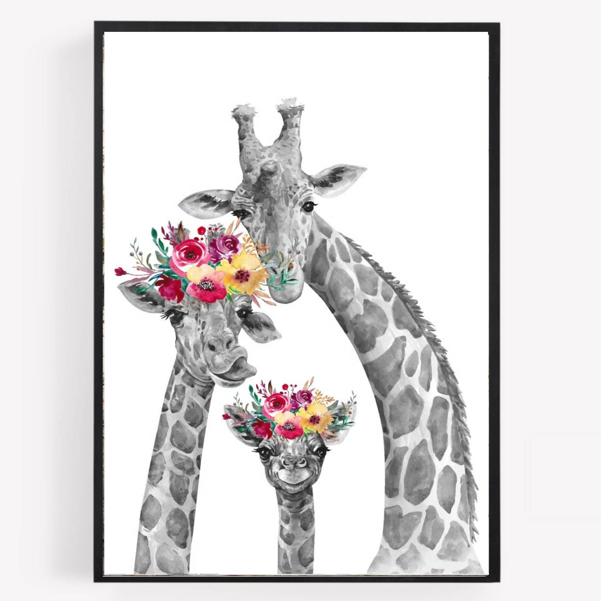 Gfc Multi Family Giraffe Print Picture Poster Wall Art Nursery Safari Animals Black White Flower Garland Unframed A4
