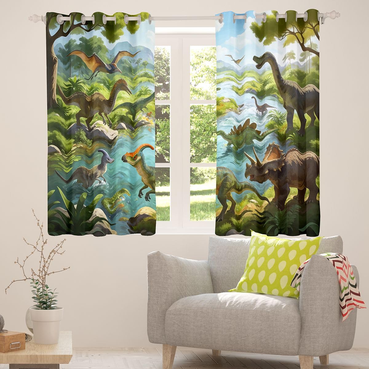 Manfei Rideaux de fenêtre pour enfants, thème animaux de la jungle, décoration de chambre à coucher, salle de jeux, rideaux de fenêtre dinosaures anciens, bleu vert, 2 panneaux, 117 x 137 cm (l x L)