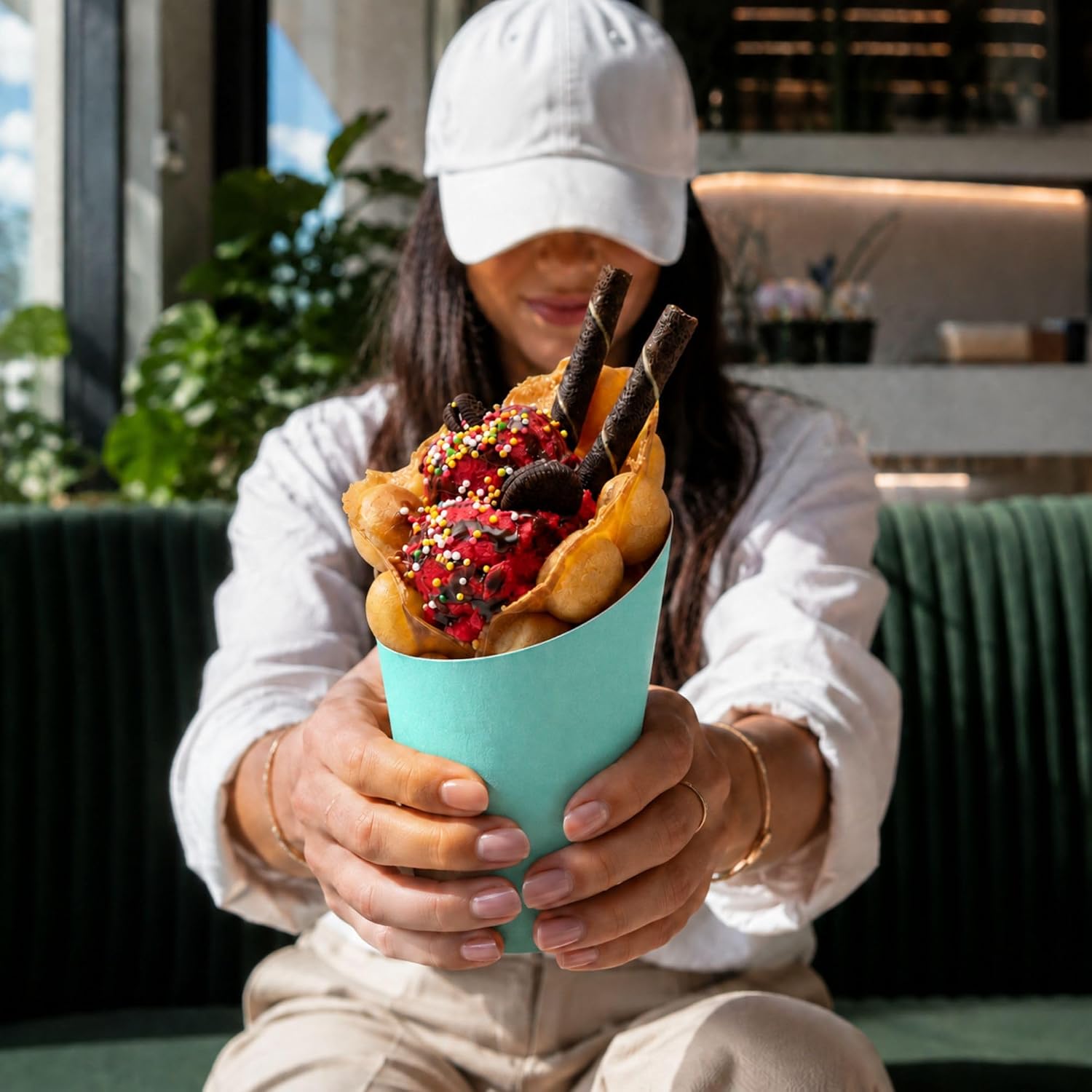Restaurantware Bio Tek 12 Ounce French Fry Containers, 100 Disposable Charcuterie Cups - Incline Design, Round, Turquoise Paper French Fry Cups, Stackable, For Waffles, Chips, or Popcorn image 5