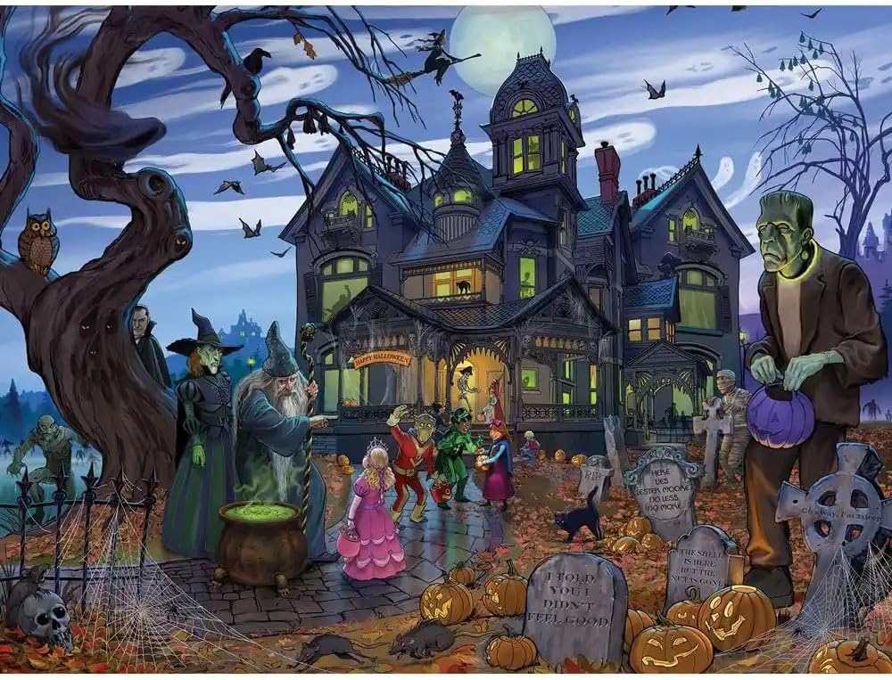 Bits and Pieces – 1000 Piece Jigsaw Puzzle for Adults – Goblins and Goodies and Ghouls - Oh My - Haunted House Halloween Trick or Treat Jigsaw Puzzle by Artist K. Sean Sulivan
