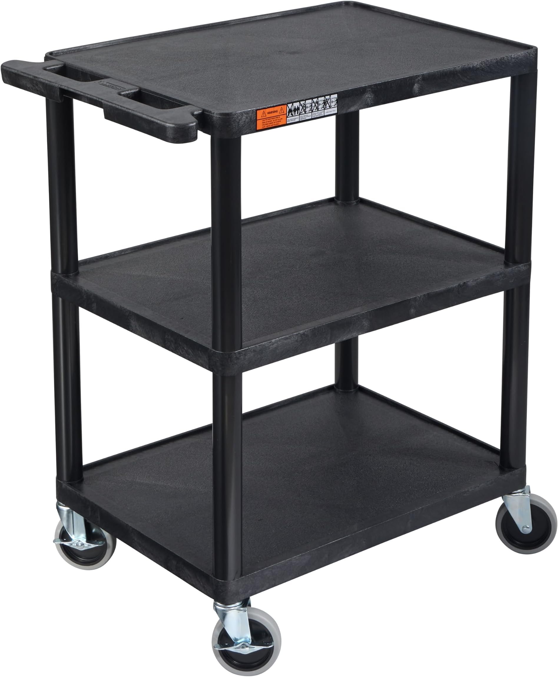 Luxor Multipurpose Storage Utility Cart 3 Shelves Structural Foam Plastic - Black | HDPE Plastic Cart with 4 in Locking Casters and 12 in Shelf Clearance, Ideal Mobile Workstation for Garage or Warehouse Use