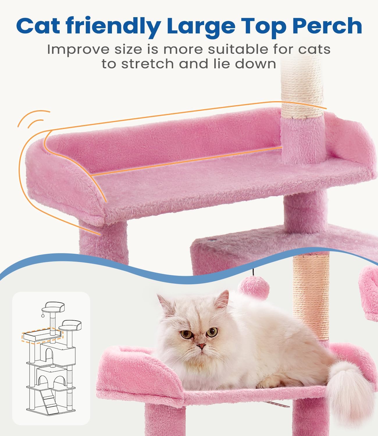 Cat Tree Tower 56in Cat Trees Multi-Level Cat Condos with Spacious Perch, 2 Cozy Condos, Scratching Posts, Climbing Ladder, Toy Ball, Durable Pet House Furniture for Indoor Kittens, Pink