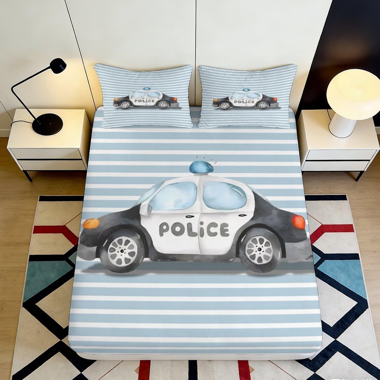 Uxinyoume Style-5 3D Printed Police Car Blue Stripe Fitted Sheet Microfiber Non Slip Bed Cover For Bedroom Dorm Mattress Decor 117 90X200x25cm