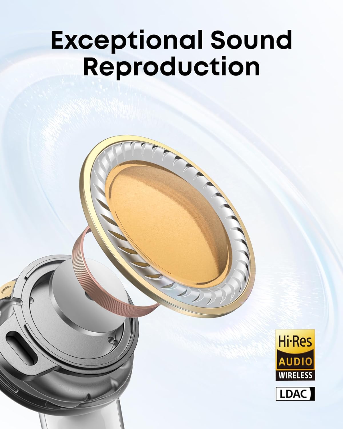 Explotat view of Soundcore Liberty 5 earbud driver, showing Hi-Res Audio and LDAC support.