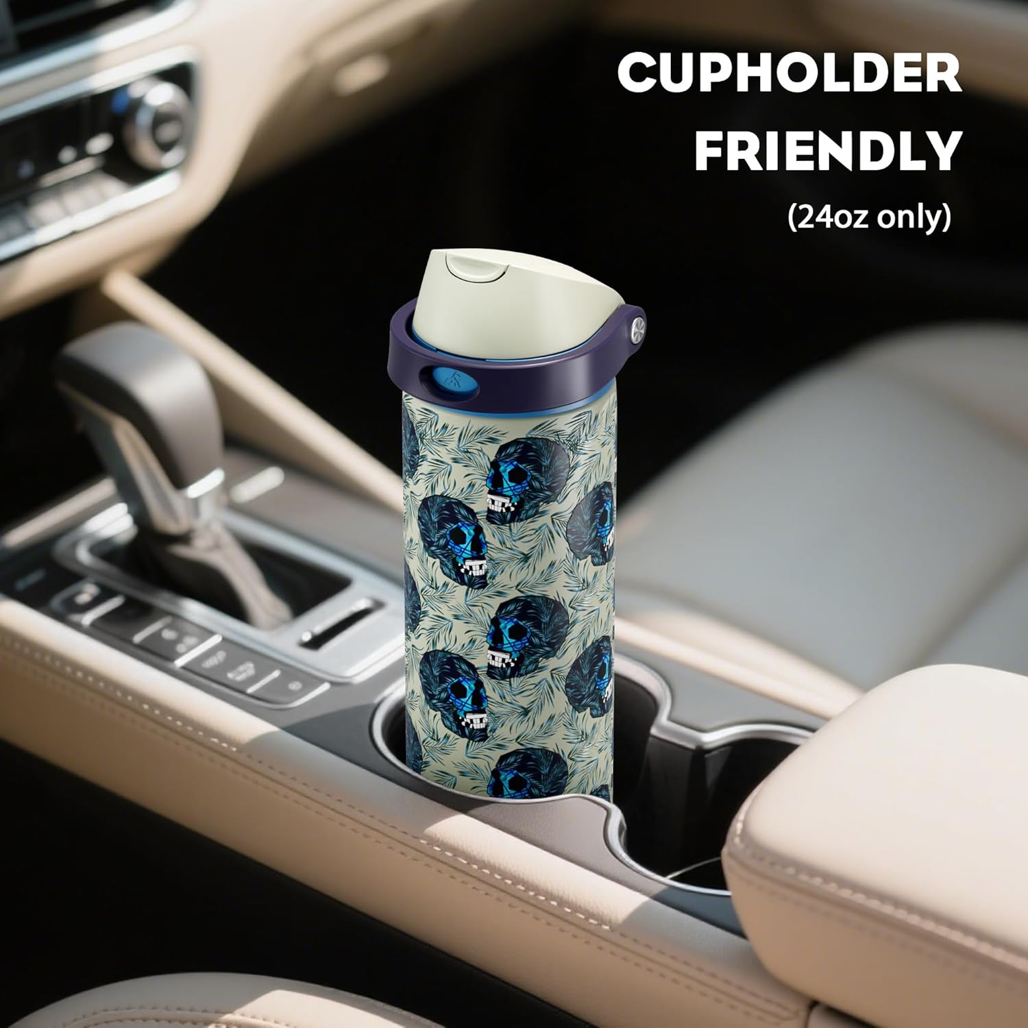 POWCAN 24 oz Insulated Skull Water Bottle: Push-Button Spout & Quick-Flip Straw, Leakproof, Car Cupholder Friendly, Insulated Flask with Straw and Handle for Fitness, Trip, Gift (Frost Revenant) - Image 5