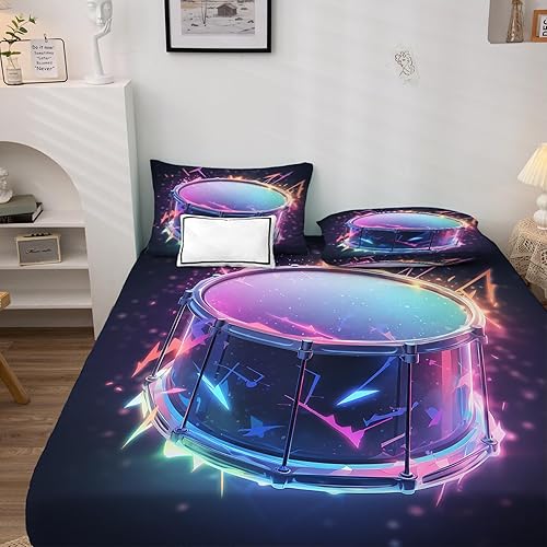 Miniatura 2 de Juego de sábanas musicales tamaño Queen, sábanas de tambor, sábanas y fundas de almohada estampadas de 4 piezas, sábana bajera ajustable de