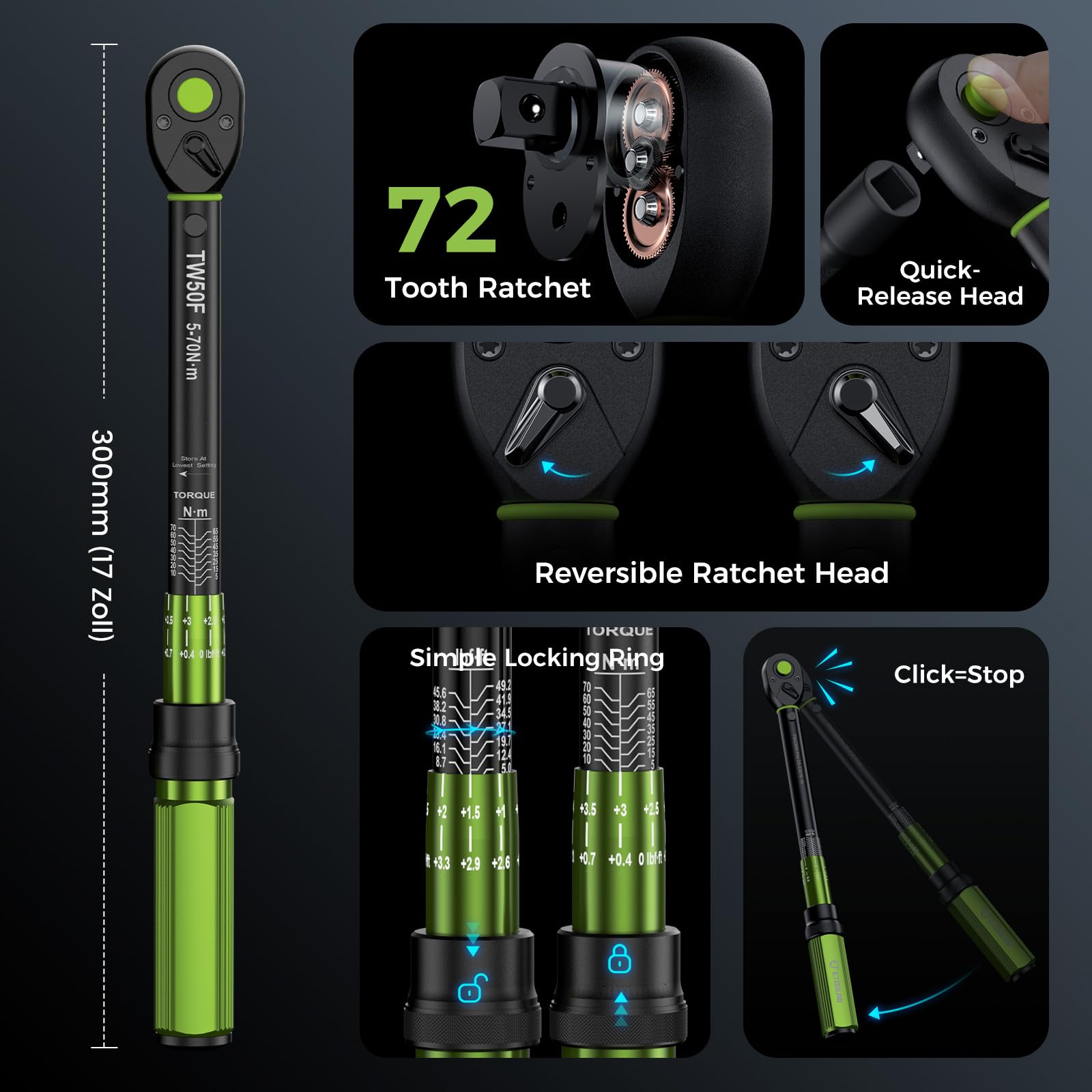 ETOOLAB Clé dynamométrique 3/8", 5-70 N·m/5-49,2 lbf·in, précision d'erreur ±3%, 72 dents, clé dynamométrique professionnelle pour voiture, moto, vélo