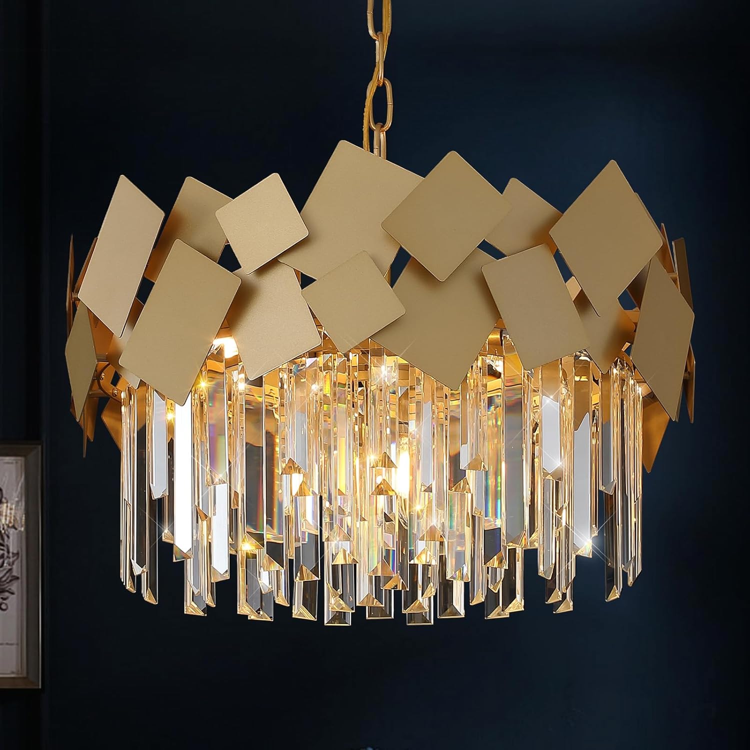 Gold Crystal Chandelier for Dining Room Modern 20" Drum Chandeliers K9 Round Ceiling Pendant Light Fixtures Luxury Semi Flush Mount Chandelier for Entry Living Room Bedroom