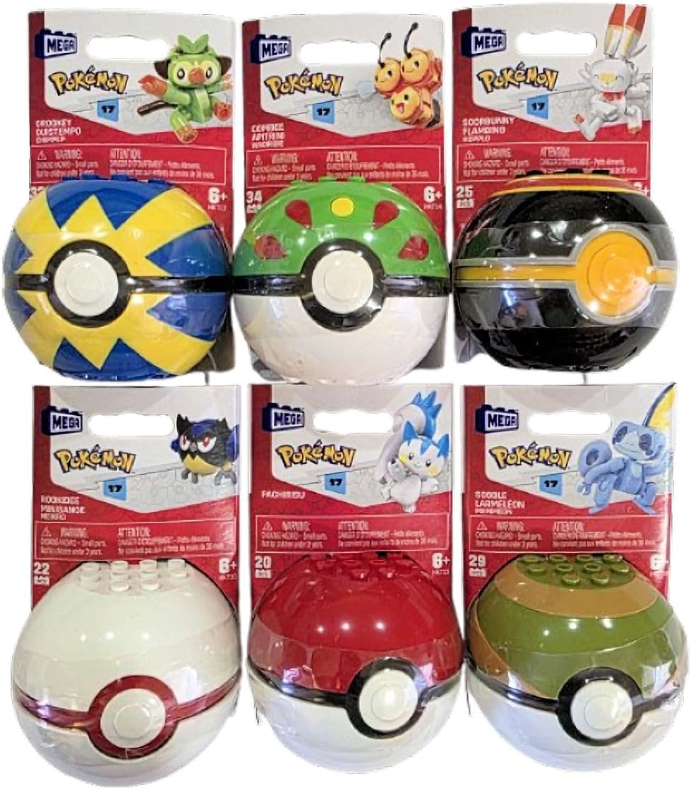 MEGA Pokémon Poké Ball Figures Building Set of 6, Series 17, Grookey, Combee, Scorbunny, Rookidee, Sobble, Pachirisu, Ages 6+ FPM00-963H