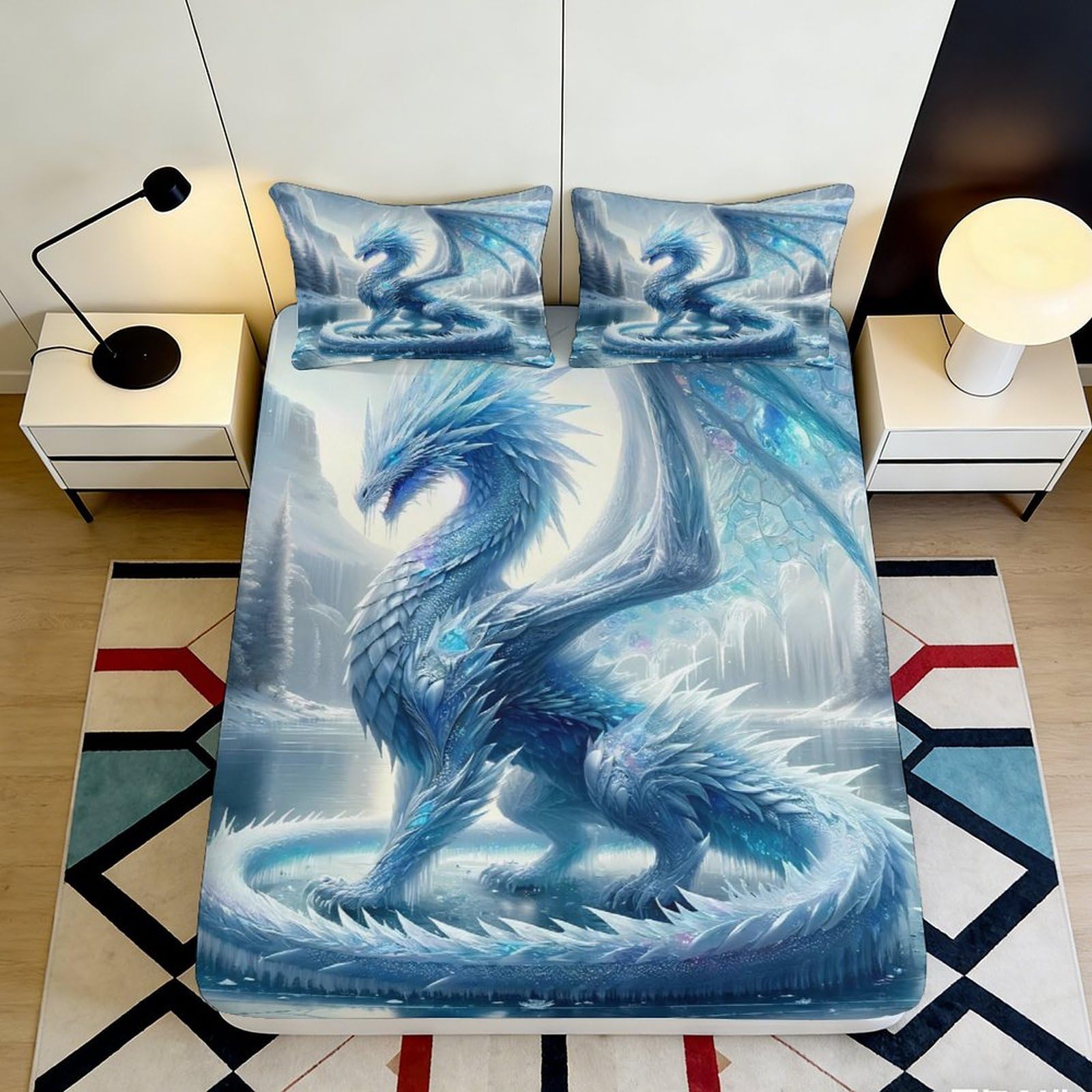 Jqzkxnhpbr Style-6 3D Printed Ice Dragon Fitted Sheet Microfiber Soft Blue Fantasy Sky Bed Cover For Bedroom Dorm Decor Mattress Protection 90X200x25cm