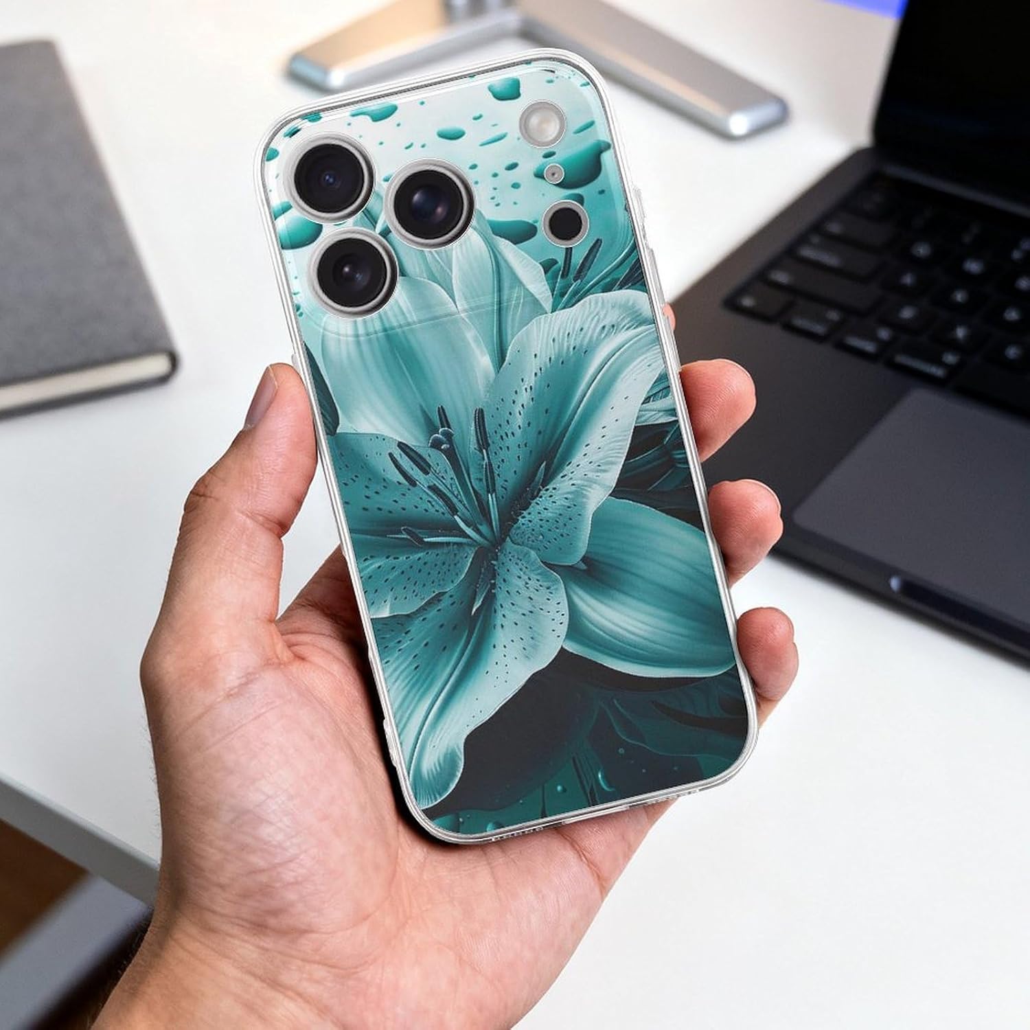Clear Phone Case for iPhone 17 Pro Case, Teal Lily Prints Shockproof TPU Cell Cover with Wireless Charging, Anti-Yellowing, Transparent image 4