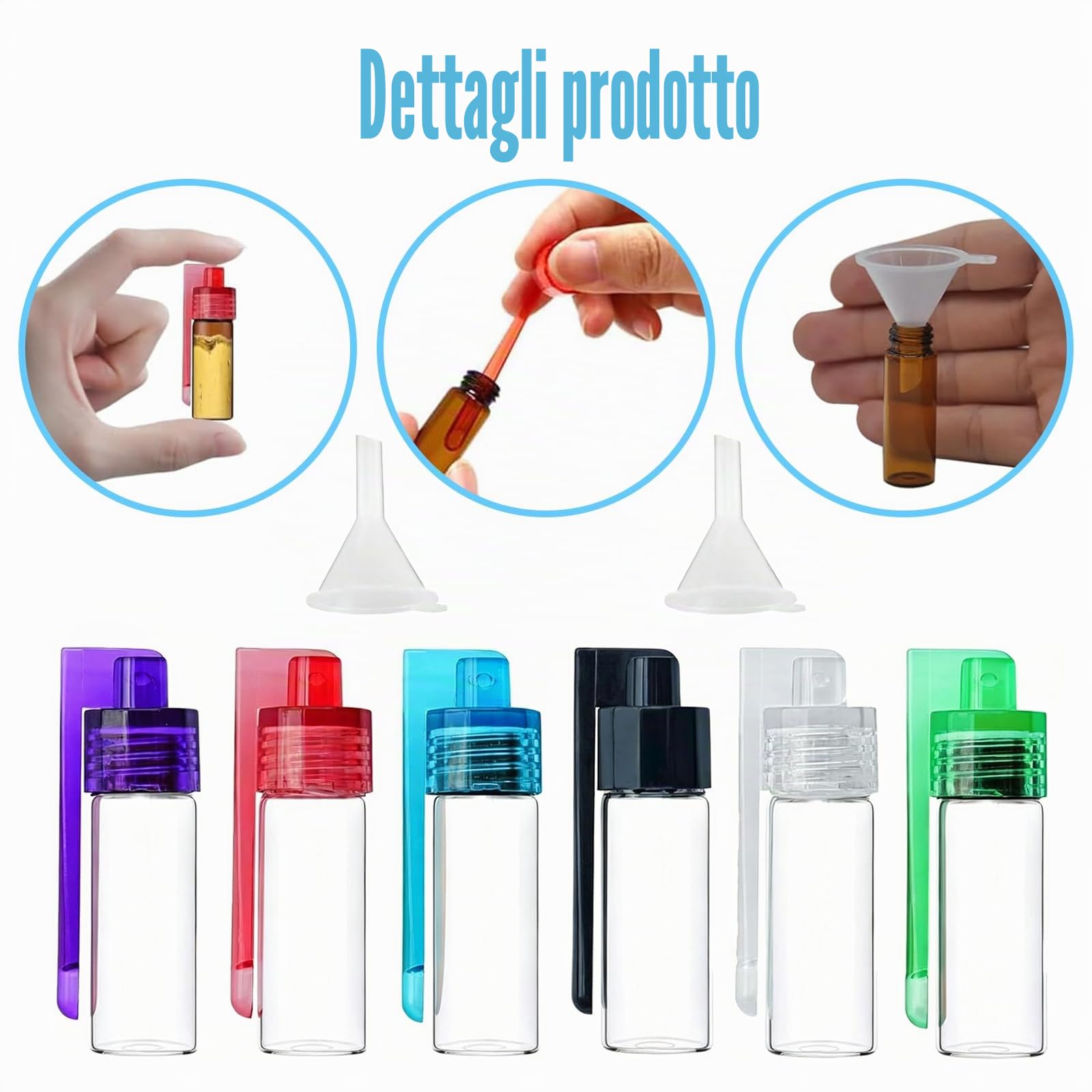 Barattoli Spezie Vetro 51ml, Barattoli per Spezie in Vetro, Set da 6 con Coperchio e Cucchiaio Dosatore, 2 Mini Imbuti, Contenitori Ermetici per Polvere, Snus, per Cucina, Campeggio e Viaggi