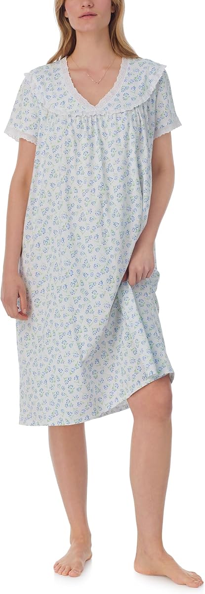 Lanz of Salzburg Camisón de vals de punto 100% algodón para mujer, mangas cortas, escote pintuck, dobladillo con volantes, 40 pulgadas de largo, floral azul, 1X