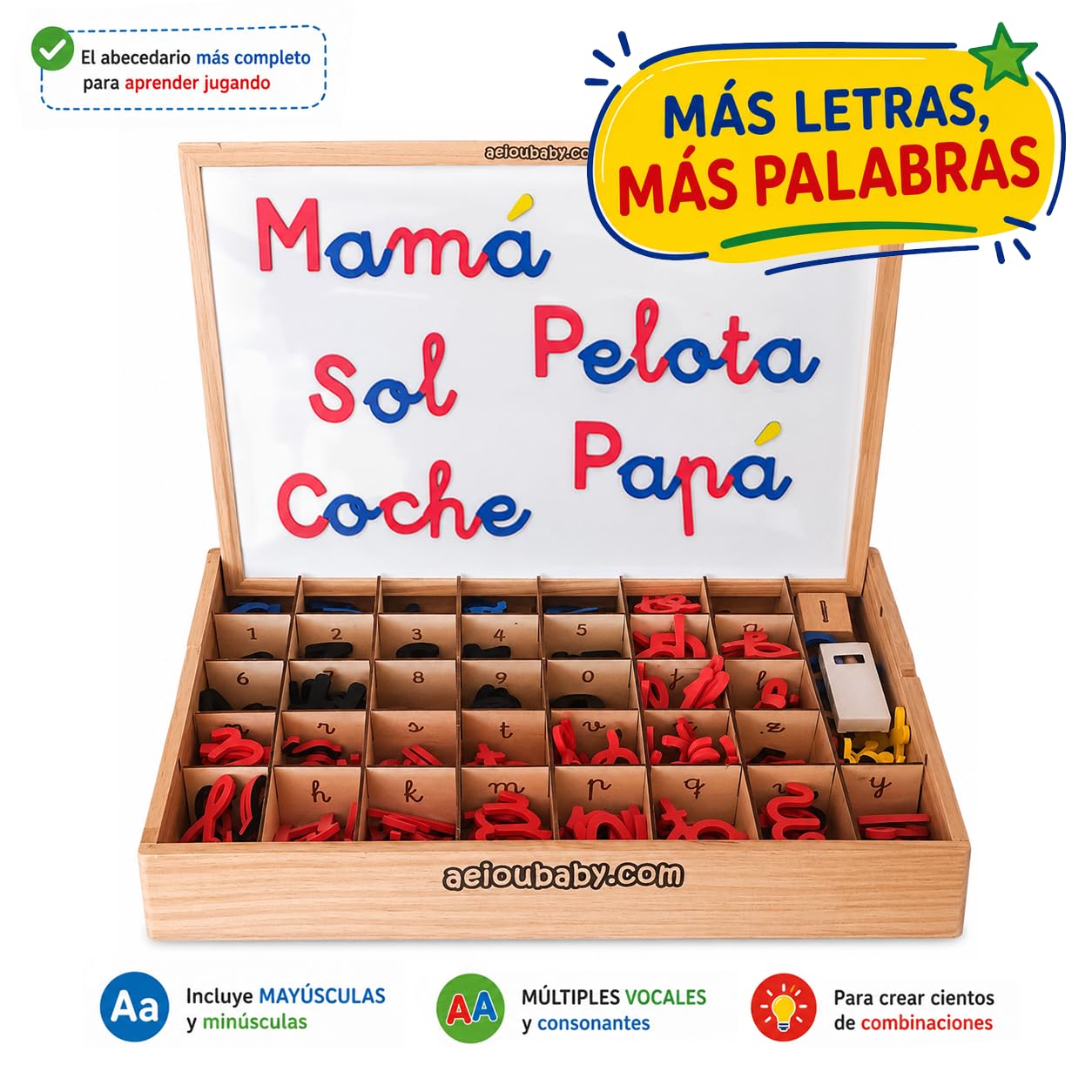 Lettere e numeri magnetici Montessori | Legato Cursive Mobile Legate. Maiuscole, minuscole e cifre in gomma EVA | Lavagna reversibile e scatola di legno | Gioco educativo Imparare a leggere e scrivere