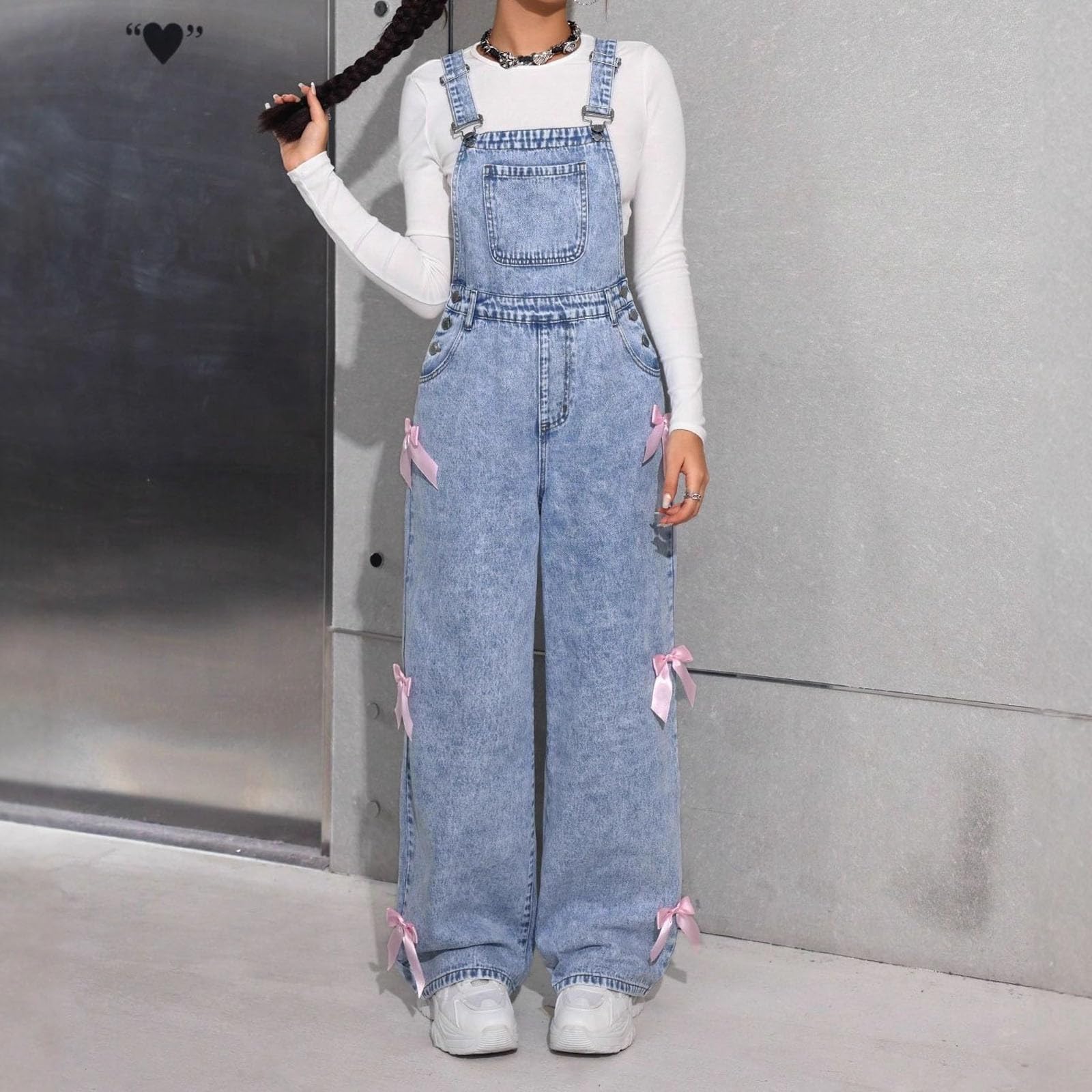 Generisch Tuta jeans da bambina con fiocchi di neve e gamba larga e fiocco, moda casual per ragazze adolescenti