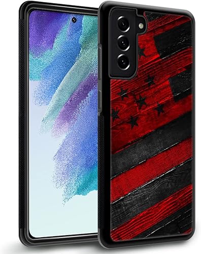 DJSOK Funda compatible con Samsung Galaxy S21 Ultra, diseño de bandera estadounidense de grano de madera negro y rojo + funda protectora de silicona
