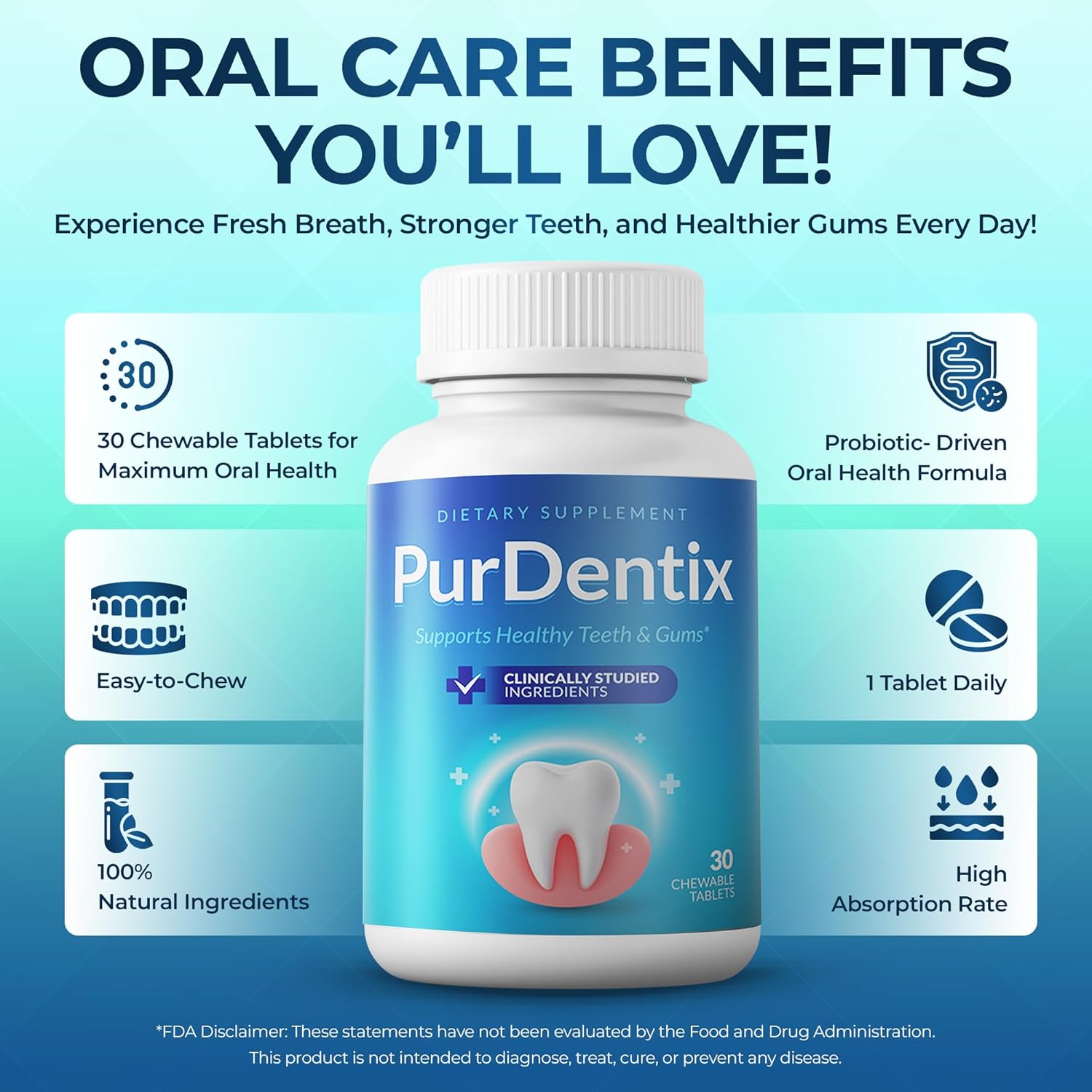 PurDentix Oral Health Probiotic – 4-Strain Formula for Healthy Gums, Teeth & Fresh Breath – 30 Chewable Tablets