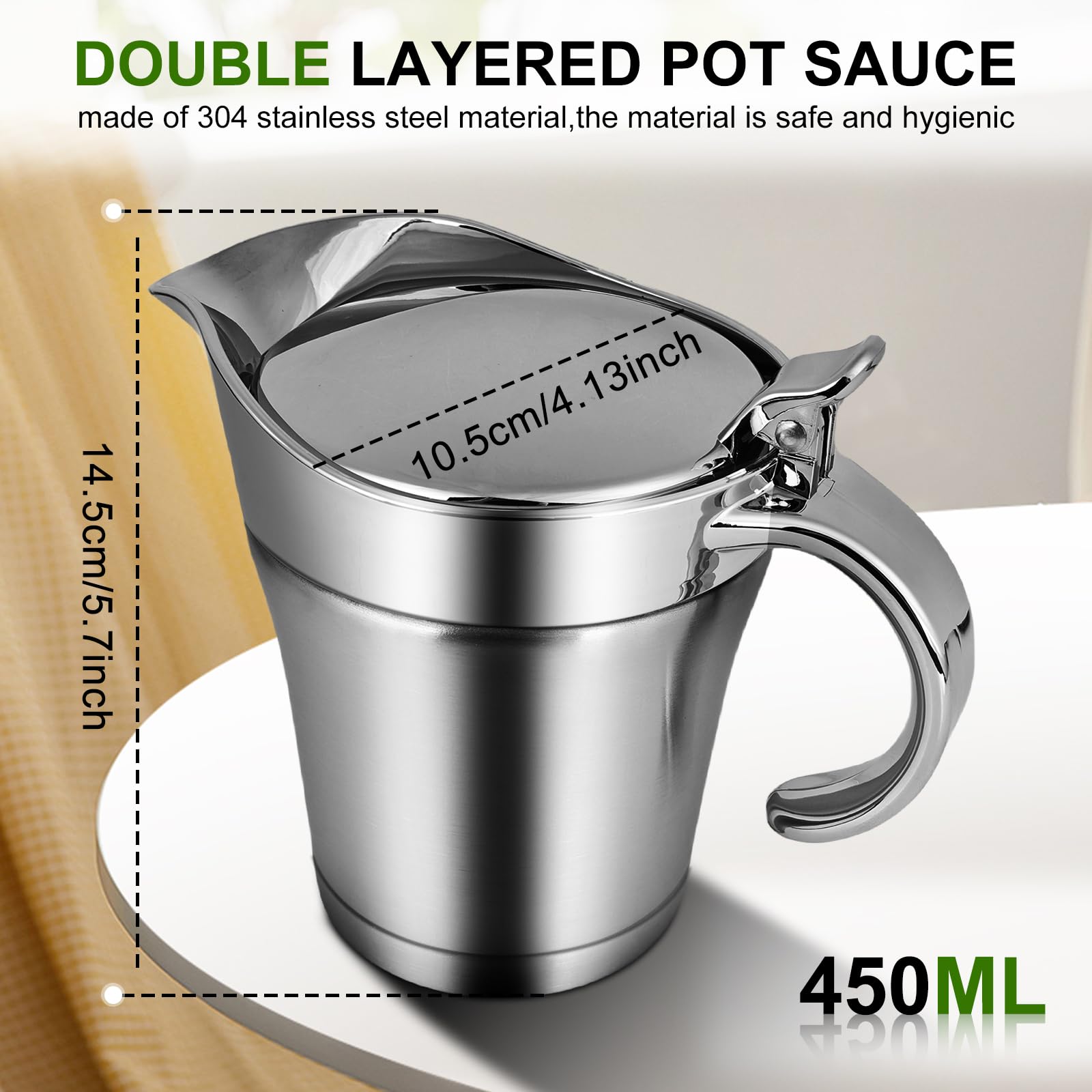 Salsera térmica de acero inoxidable: 500 ml, doble aislado, con tapa abatible, jarra de salsa de doble pared para servir salsa de natillas, crema en casa o en cenas