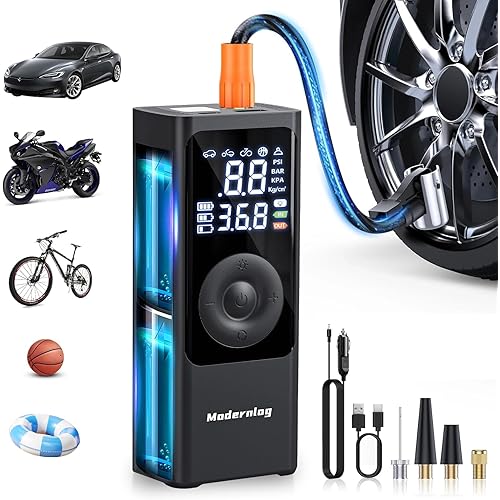 Tire Inflator Portable Air Compressor, Air Pump for Car Tires with Digital Screen, Battery Powered Air Compressor, Faster Inflation with Emergency LED Light for Cars, Motorcycle, Bike, Ball