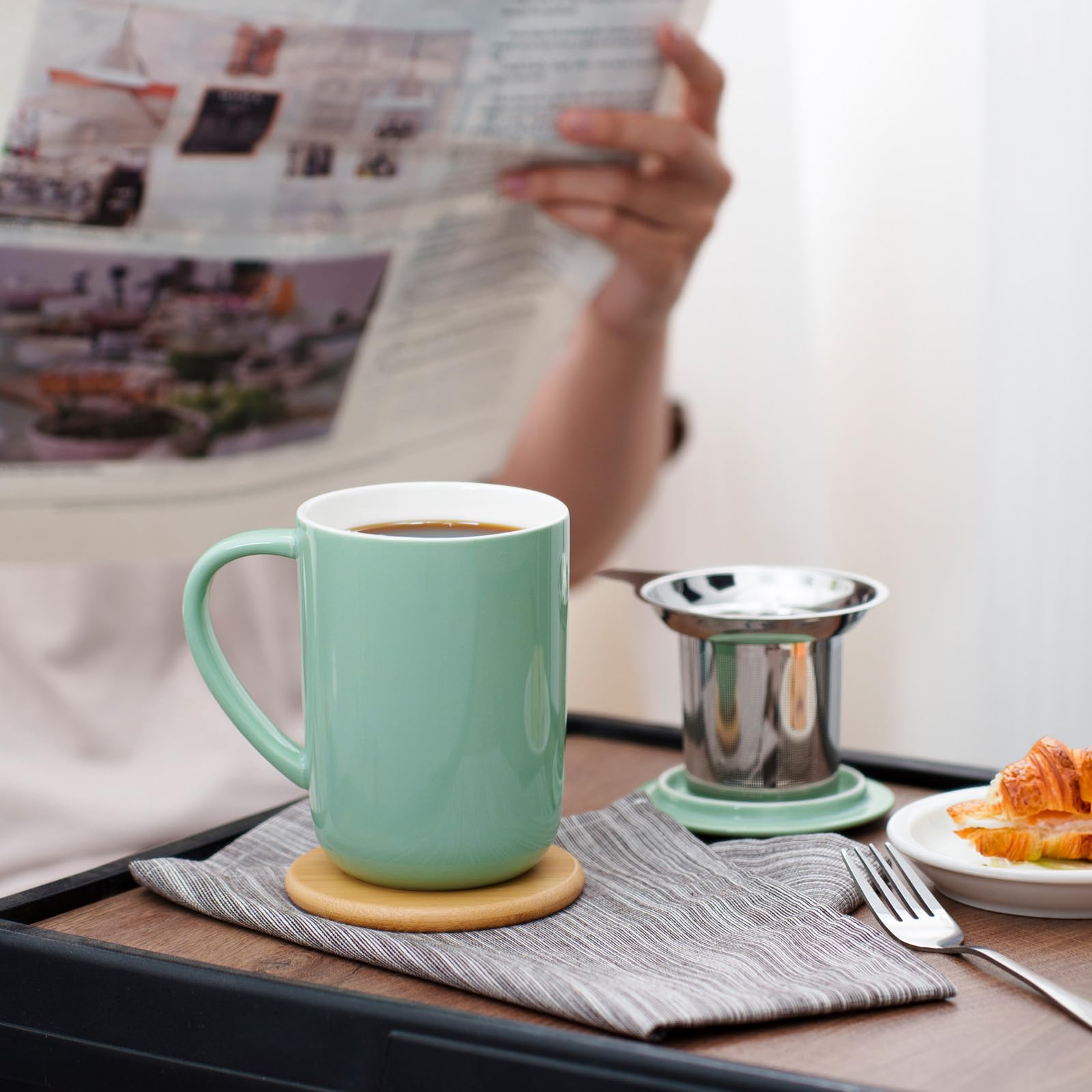 CEEFU Tasse à thé en porcelaine avec infuseur et couvercle, avec filtre et dessous de verre, tasse à thé en vrac, 473 ml, pour thé, café, lait, femme, bureau, maison, cadeau (Vert menthe)