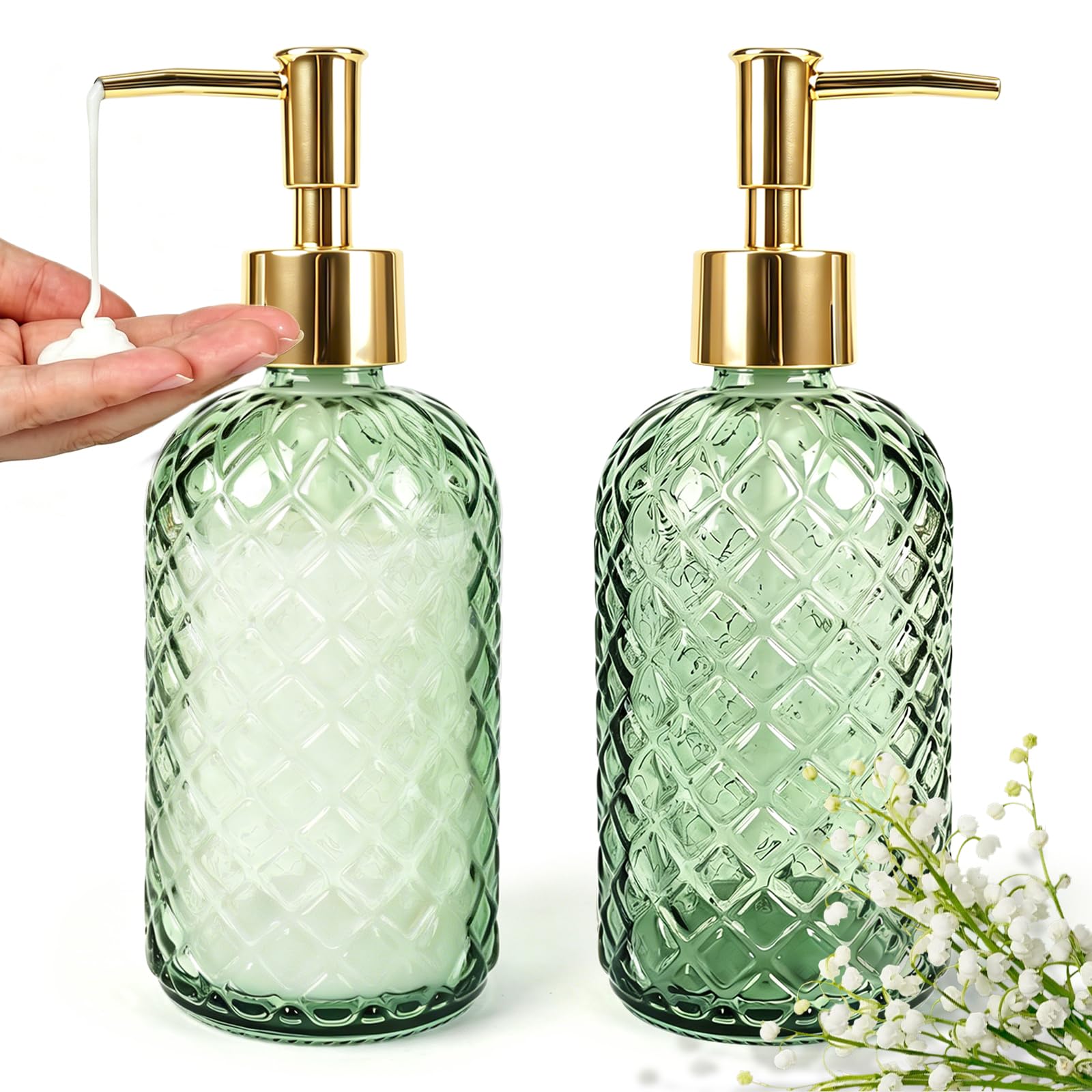 2 Pack Soap Dispenser with Pump, 13 Oz Clear Liquid Hand Soap Dispenser,Great for Lotions, Essential Oil, Liquid Soaps, Glass Dish Soap Dispenser Set (Green-2 pack)