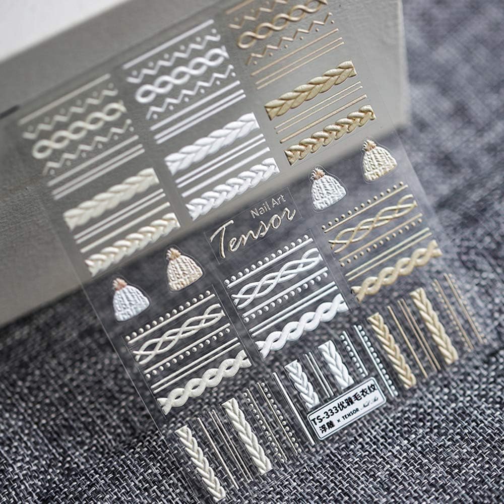 Cldaisy Women's White Winter Knit Sweater Cloth Pattern Nail Art Sticker Decals 5D Embossed French Lace Lattice Nail Art Supplies For Diy Manicure Art Accessories