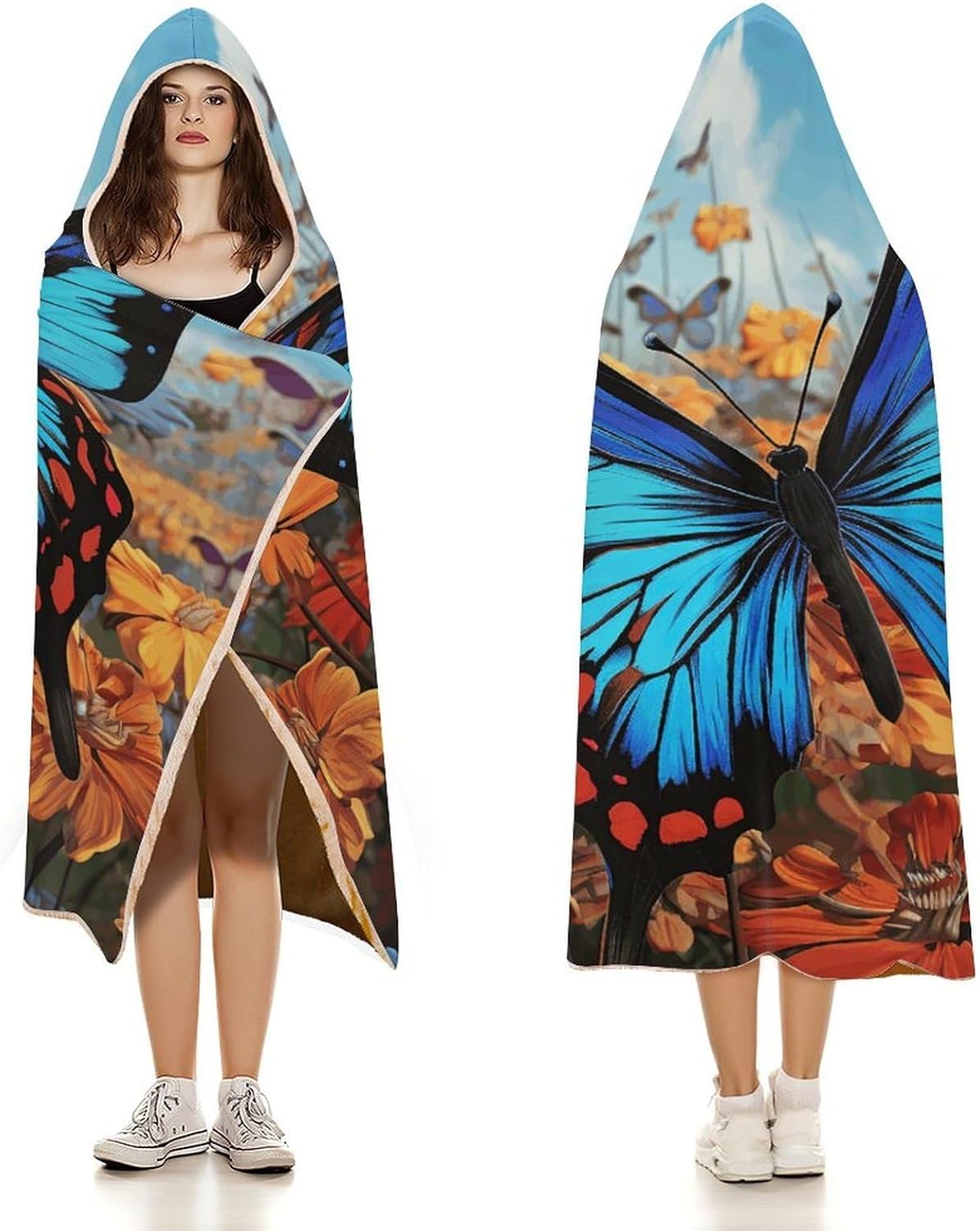 Big Butterfly Wearable Hooded Blanket, Ultra Soft Arctic Velvet Cape Cloak Unisex - Cozy Wearable Blanket