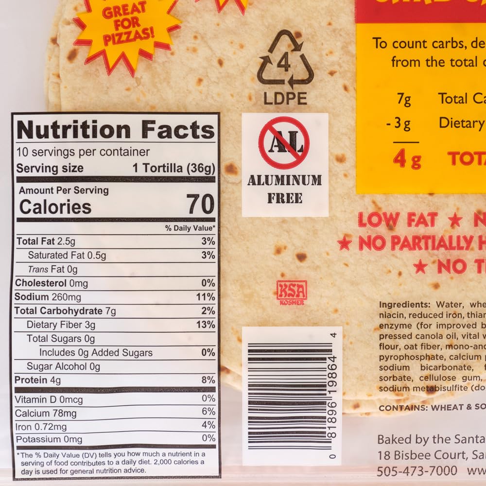 Santa Fe Tortilla Company Carb Chopper Low-Carb Flour Tortillas - 7 Inch (10ct, 12.8oz) | 4g Net Carbs | Cholesterol, Aluminum & Trans Fat Free | Soft, Authentic Taste for Wraps & Tacos | Kosher Certified, USA Made, Resealable Freshness 8-Pack