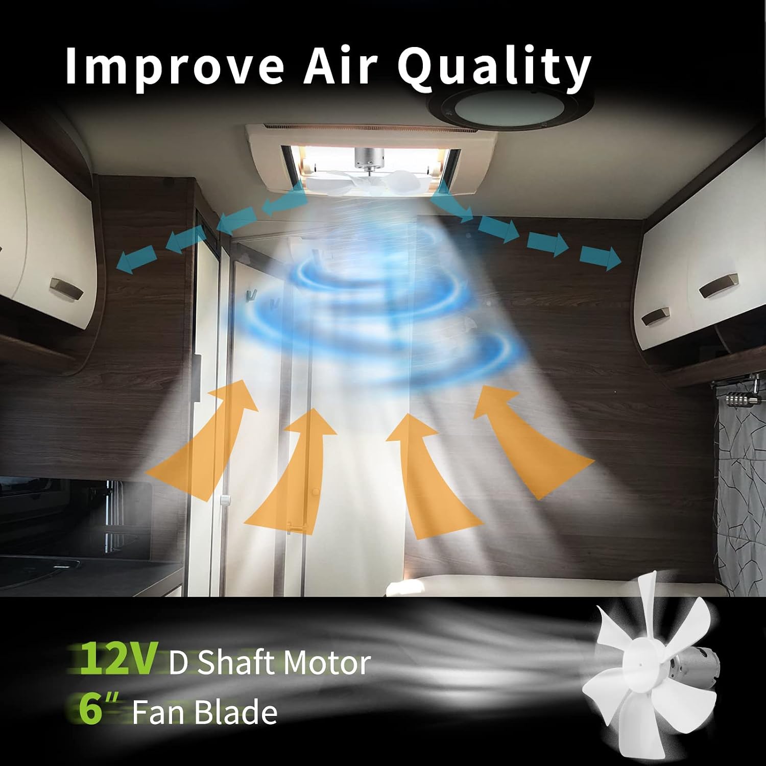 RVMATE 6 Inch White RV Vent Fan Blade - 12V D-Shaft RV Vent Motor, Replacement for RV Exhaust Fan/Bathroom Fan/Ceiling Fan/Window Exhaust Fan, Fit RV Trailer Camper Motor Truck