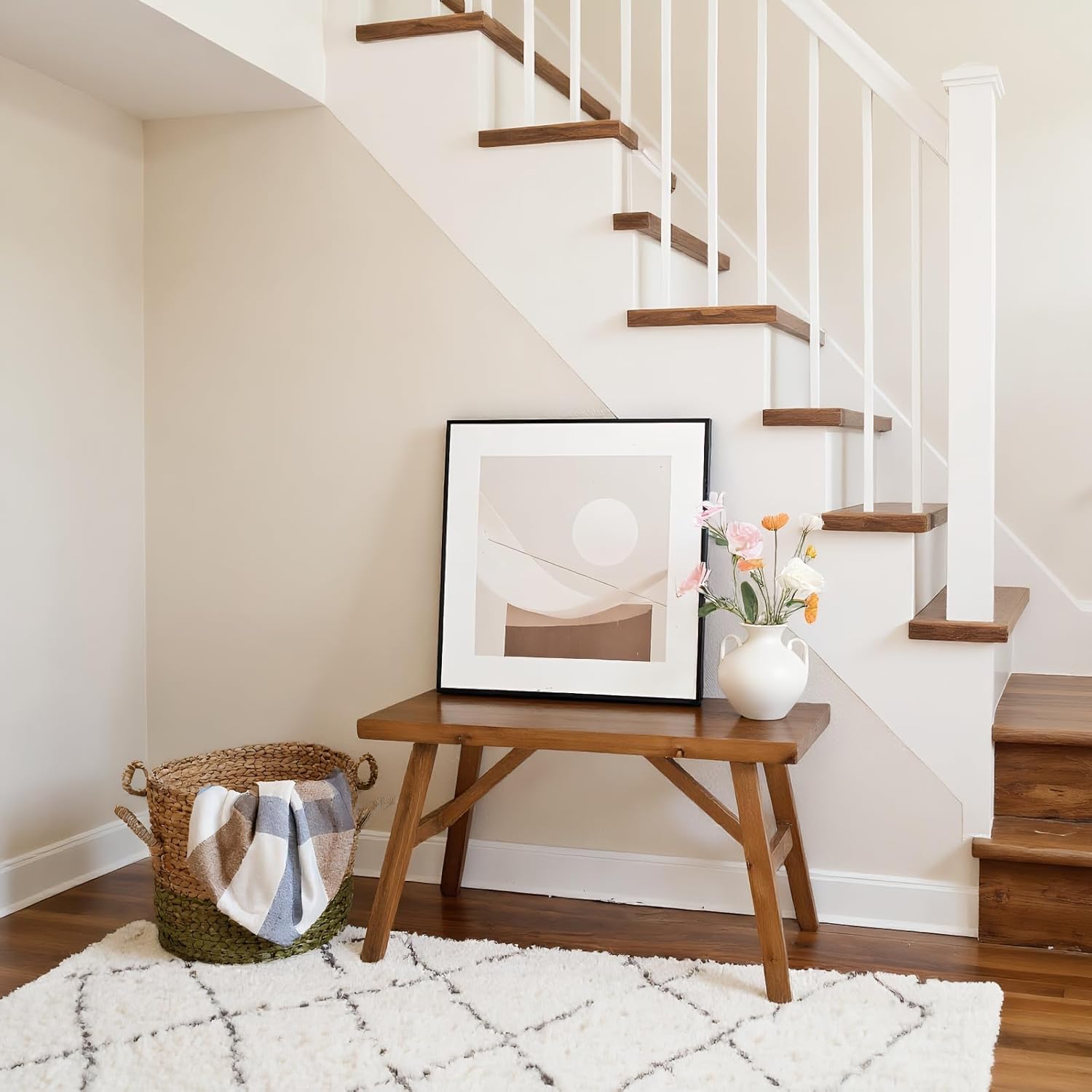 FUIN 30" Solid Wood Farmhouse Bench - Rustic Entryway, Living & Dining Room Seating, Natural Finish