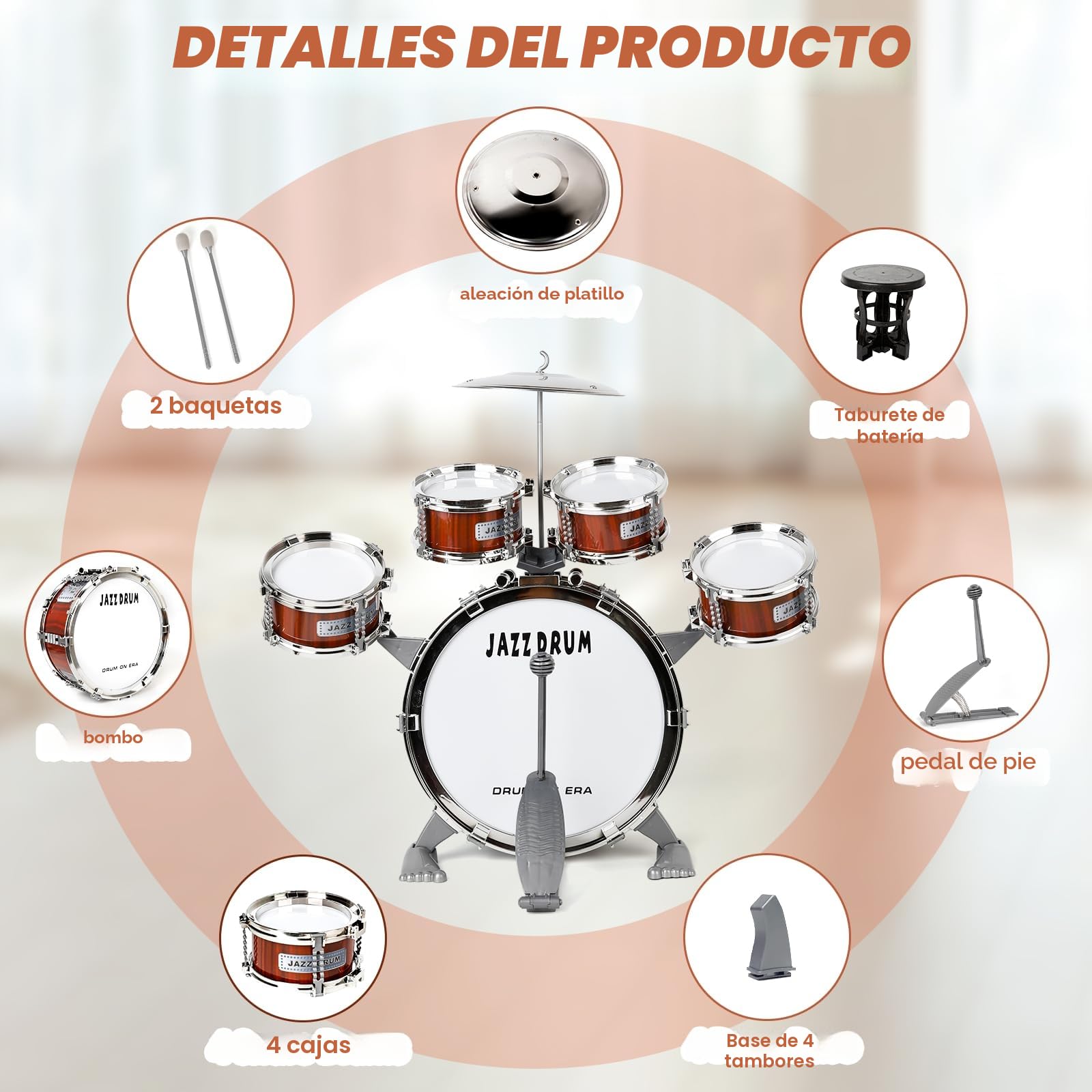 Kit de batería para niños, batería Infantil, Instrumento de 5 Tambores con Taburete, batería Infantil, Instrumento Musical, educación temprana,, Juguetes para 3 4 5 años