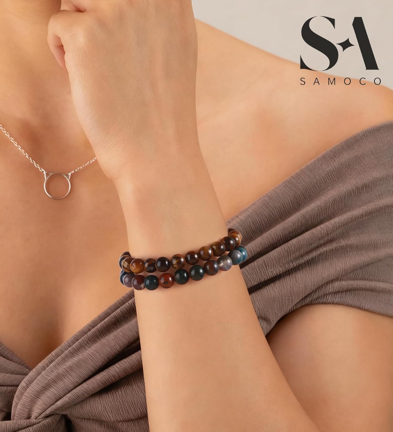 SAMOCO 16Pcs Natural Healing Crystal Bracelets for Women Men Semi-Precious Gemstone Beaded Bracelets Round Beads Gemstones Stretch Yoga Bracelet - Image 2